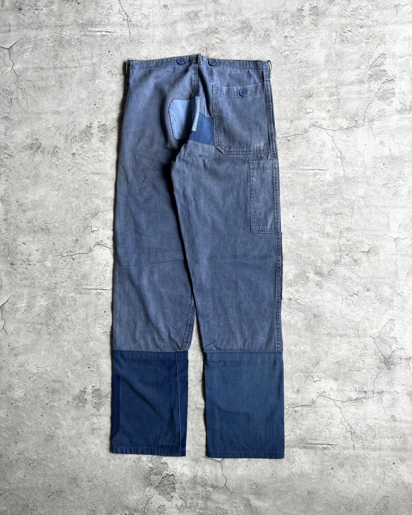 1980S INDIGO PATCHED FRENCH WORK TROUSERS (32X33)