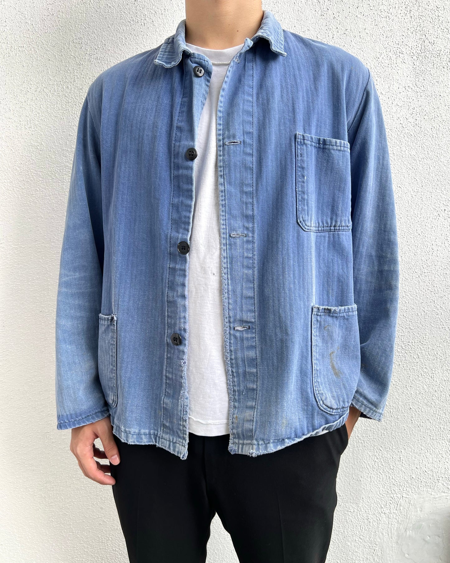 1950S SUN FADED HBT FRENCH WORK REPAIRED CHORE JACKET (L)
