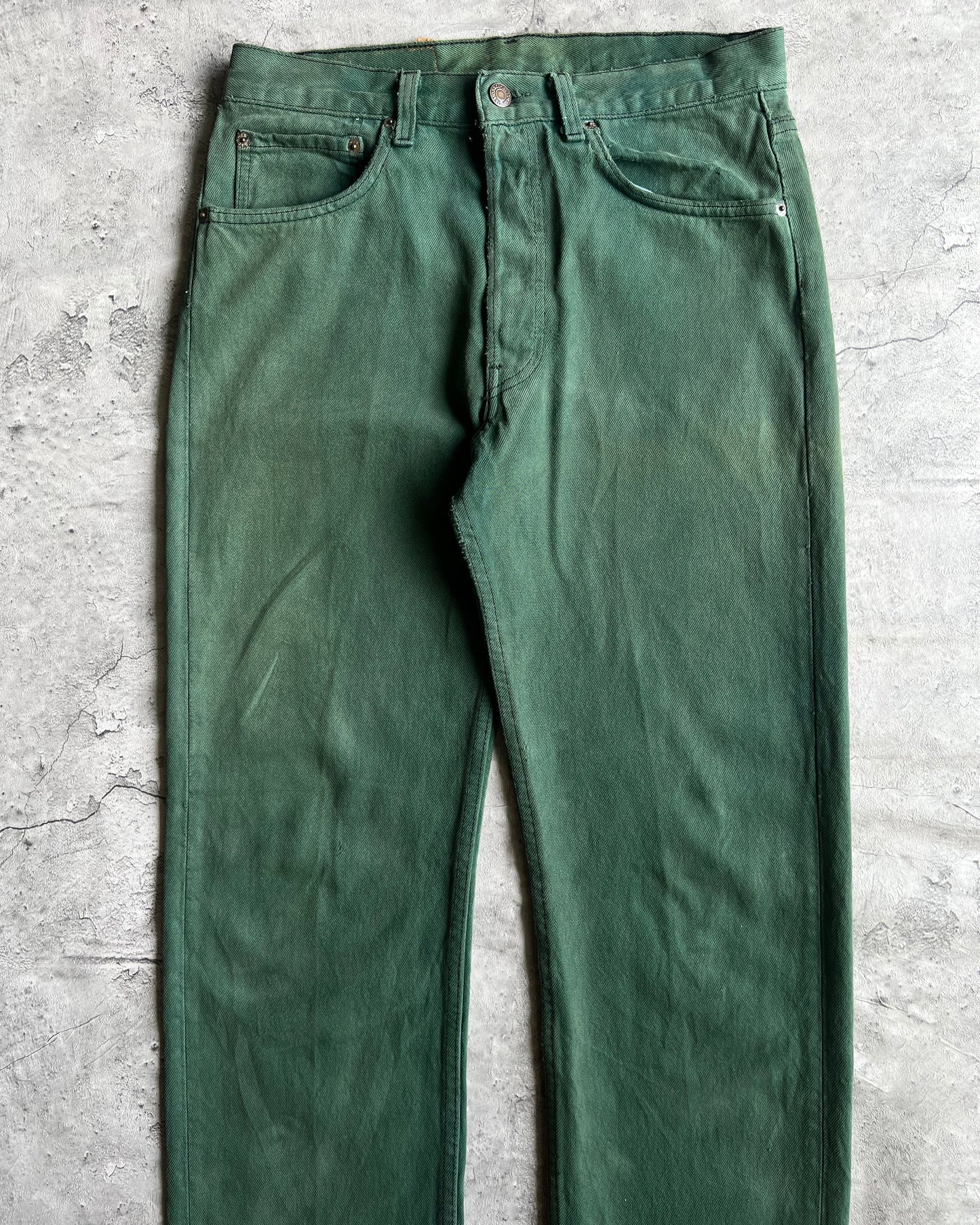 1990S FADED GREEN LEVI'S 501 RELEASED HEM JEANS (31X33)