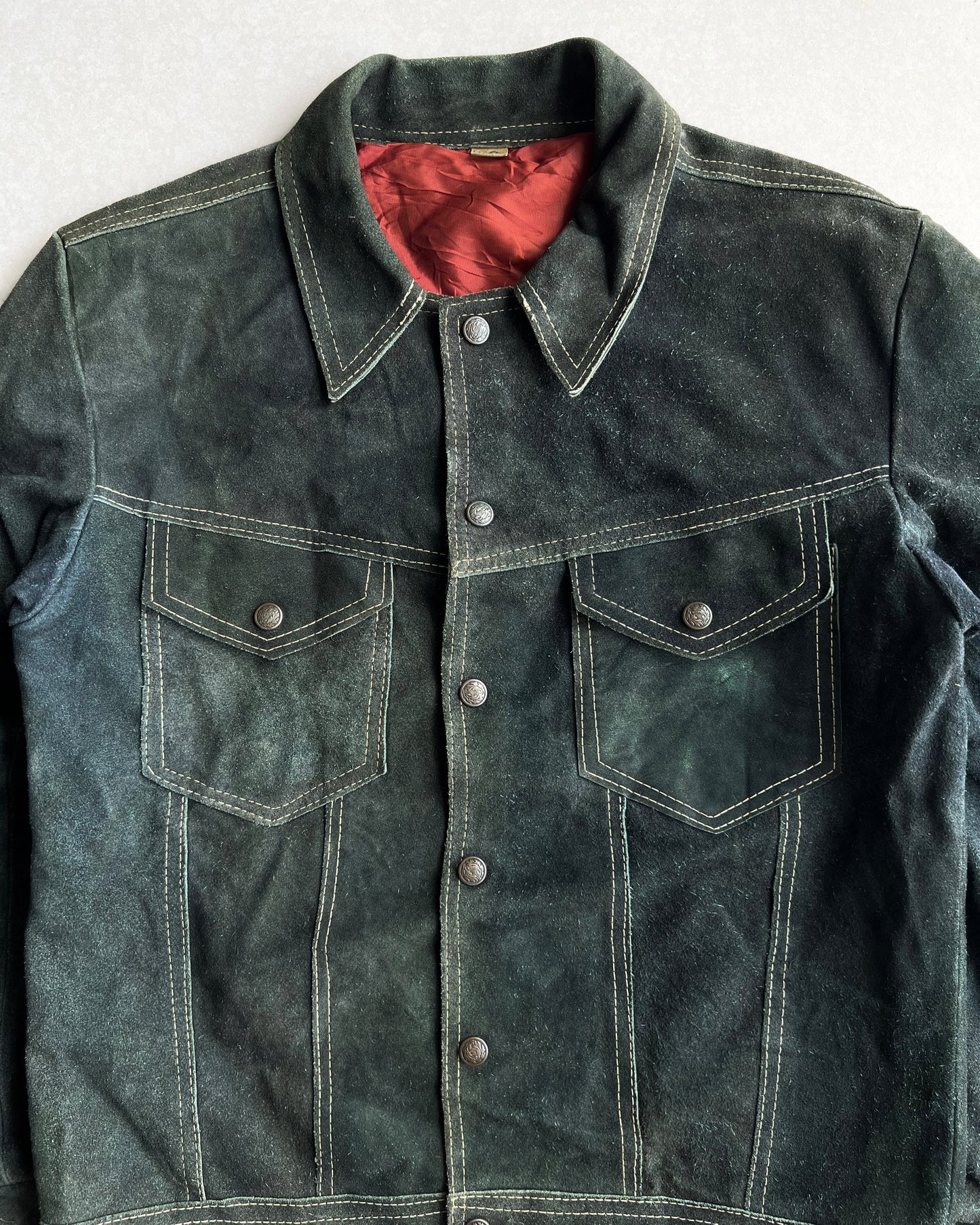 1970S MOSS GREEN SUEDE TRUCKER JACKET (M)