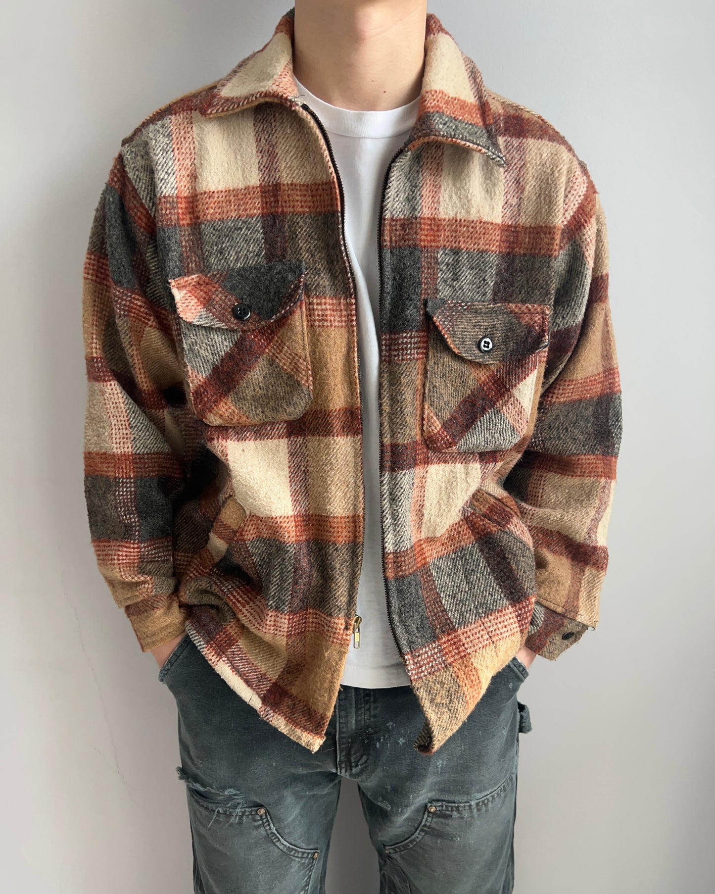 1980S MELTON ZIP-UP PLAID FLANNEL JACKET (L)