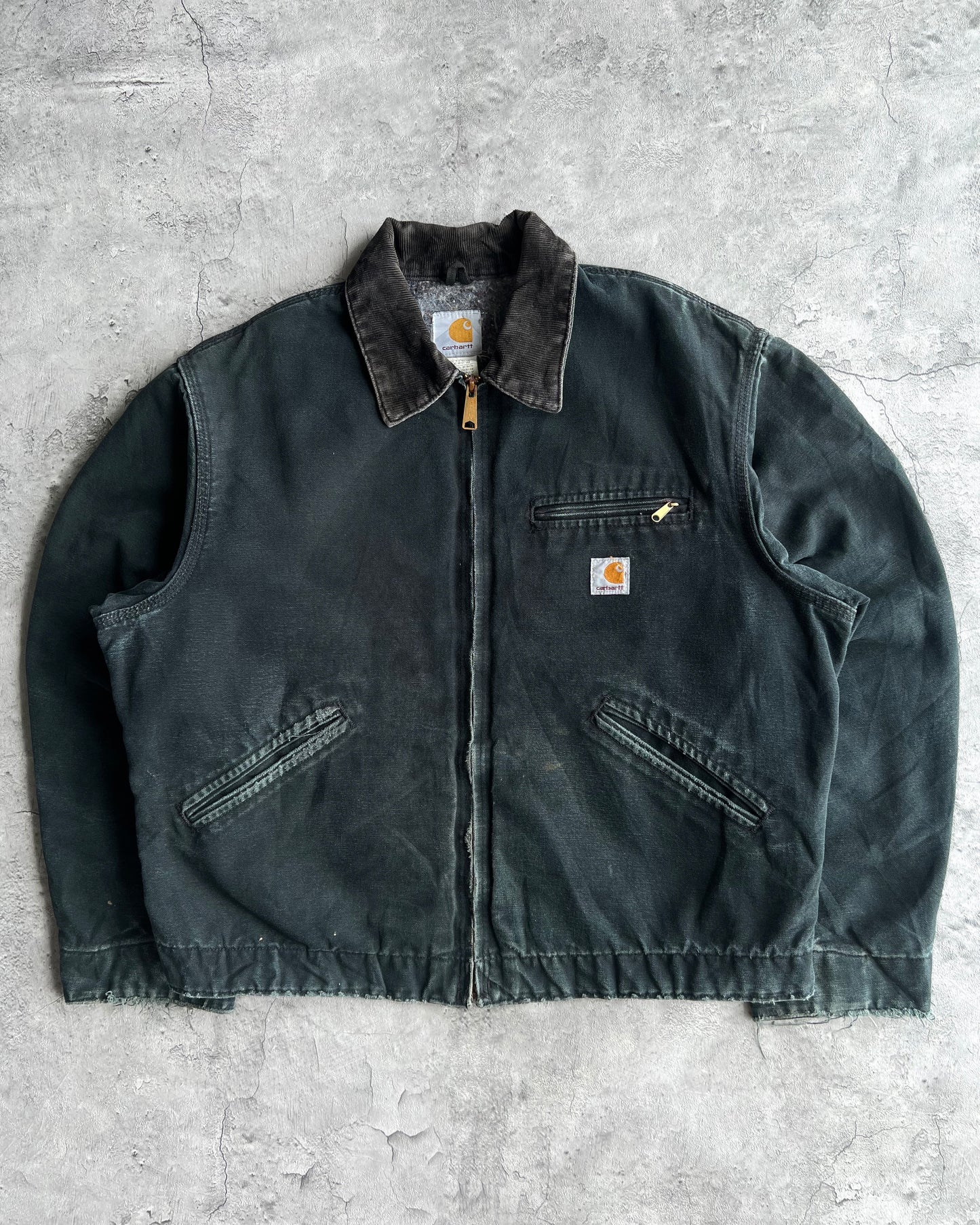 1990S FADED BLACK/MOSS GREEN CARHARTT DETROIT WORK JACKET (M/L)