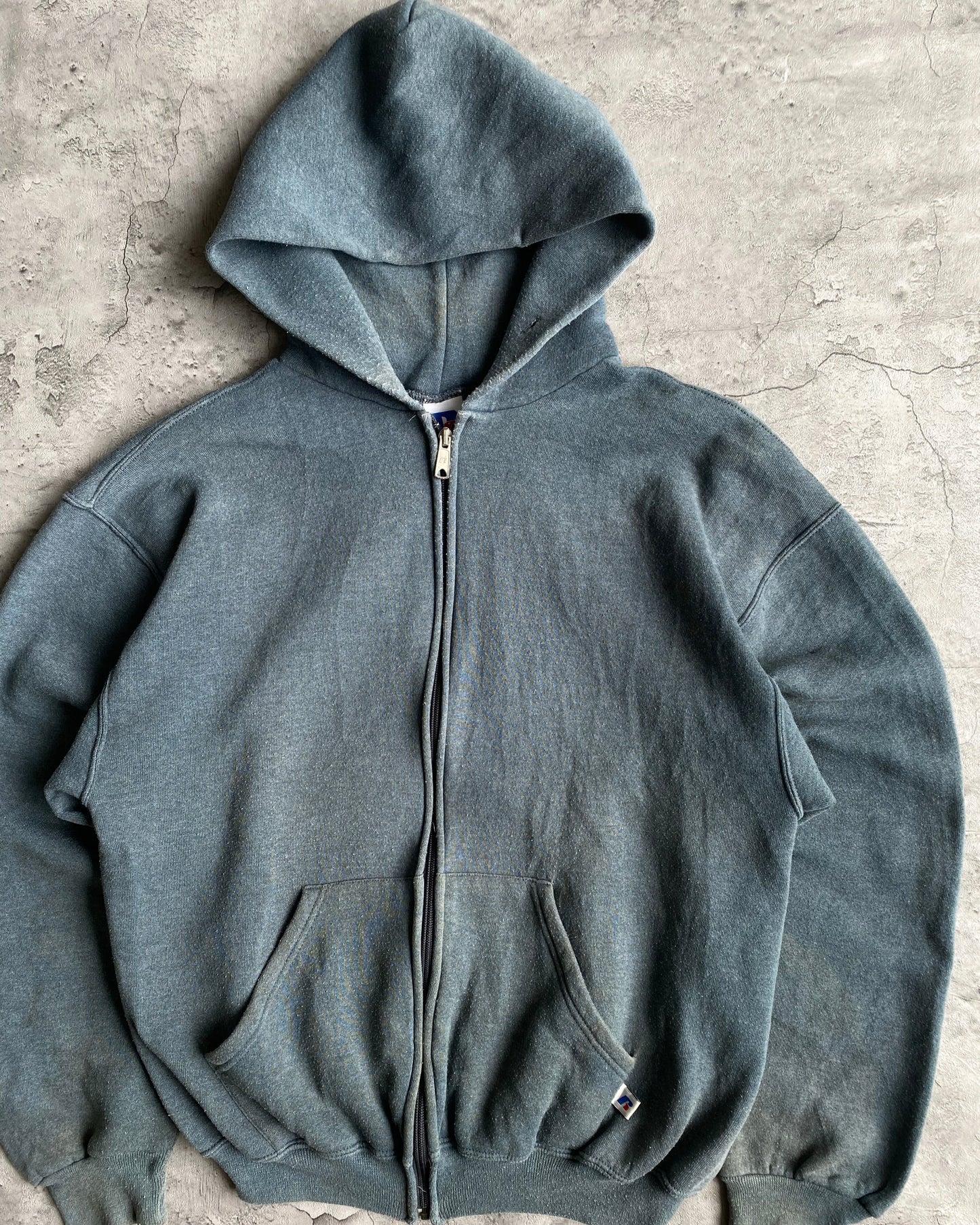 1990S RUSSELL FADED GREY/GREEN ZIP-UP HOODED SWEATSHIRT (M/L)