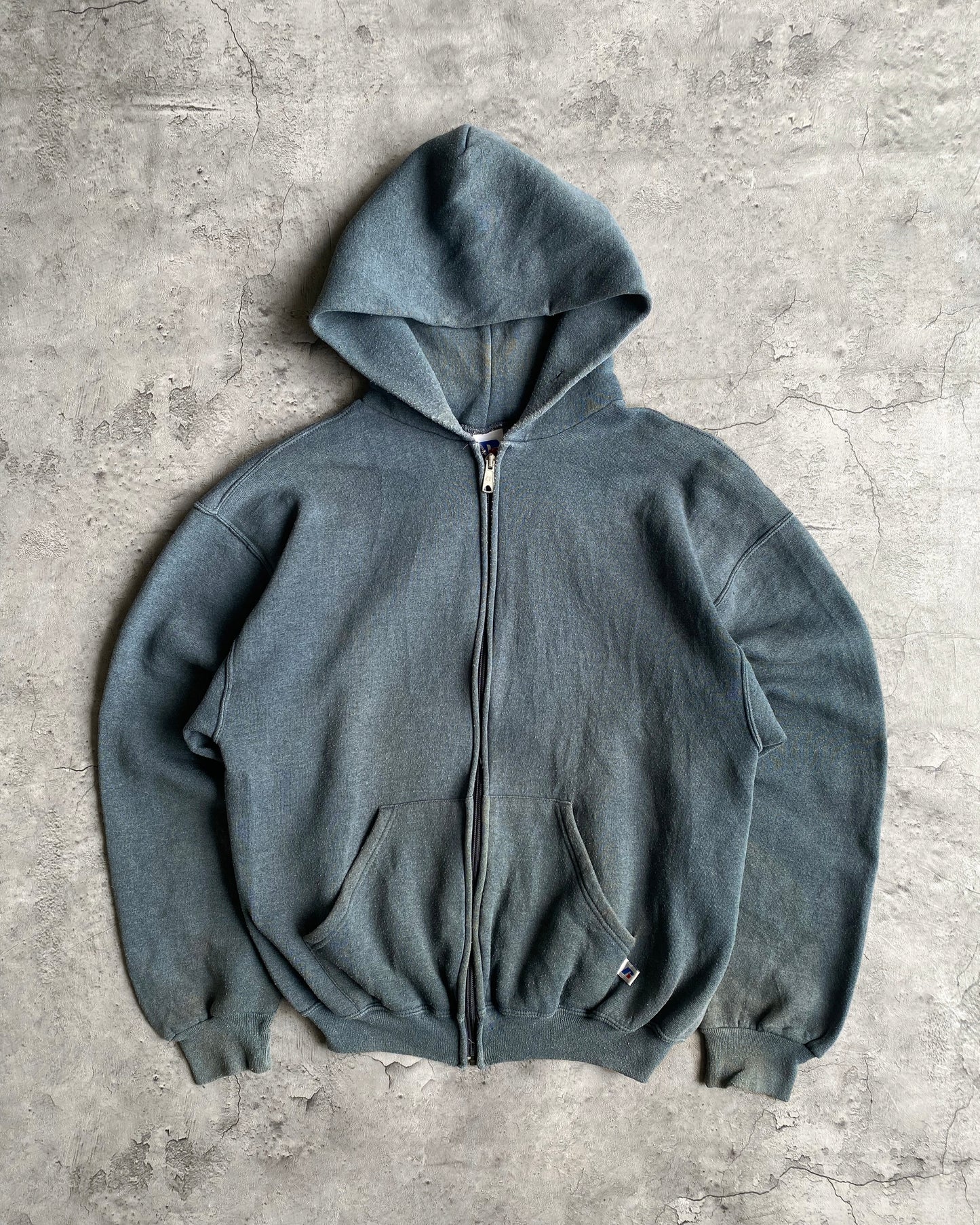 1990S RUSSELL FADED GREY/GREEN ZIP-UP HOODED SWEATSHIRT (M/L)