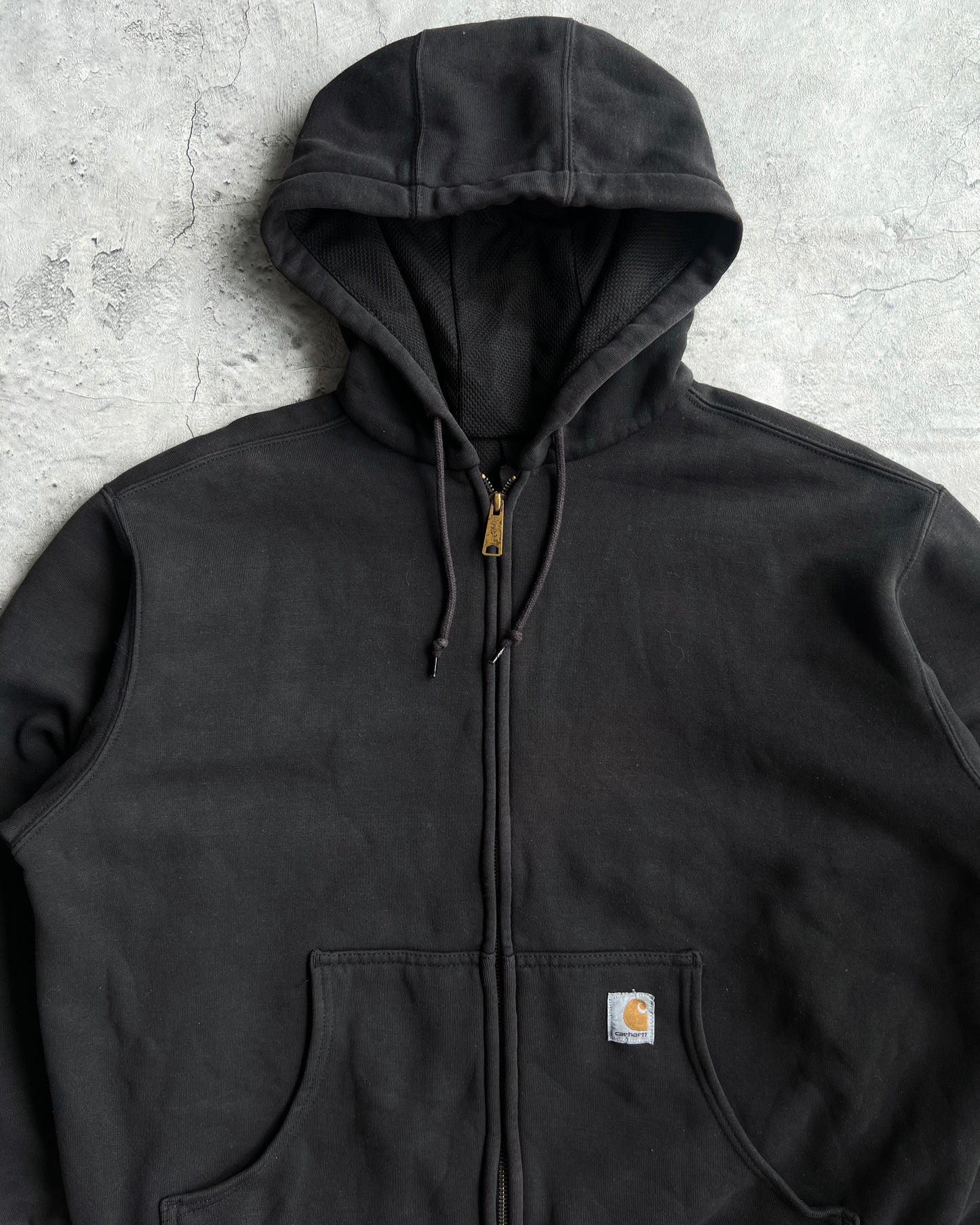 1990S BLACK HEAVYWEIGHT CARHARTT LOGO ZIP-UP HOODIE (L)