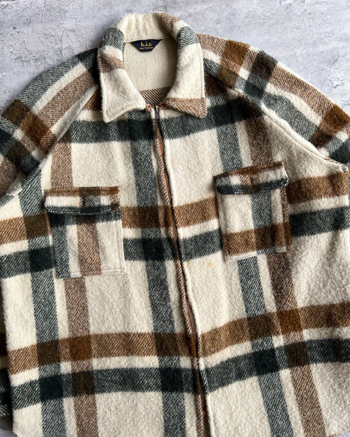 1960S WOOL PLAID ZIP-UP RAGLAN FLANNEL (L)