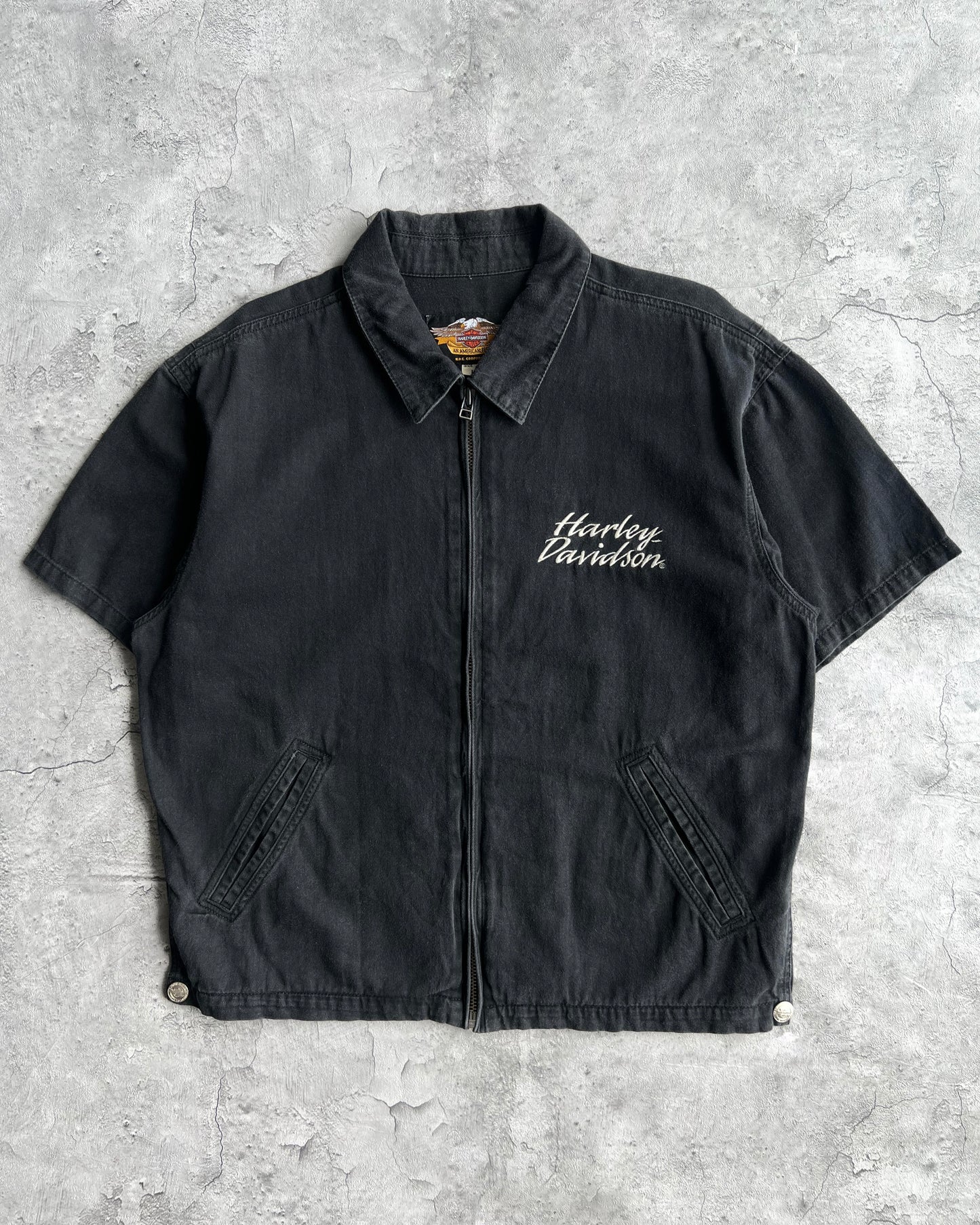 2000S FADED BLACK HARLEY DAVIDSON ZIP-UP WORK SHIRT (L)