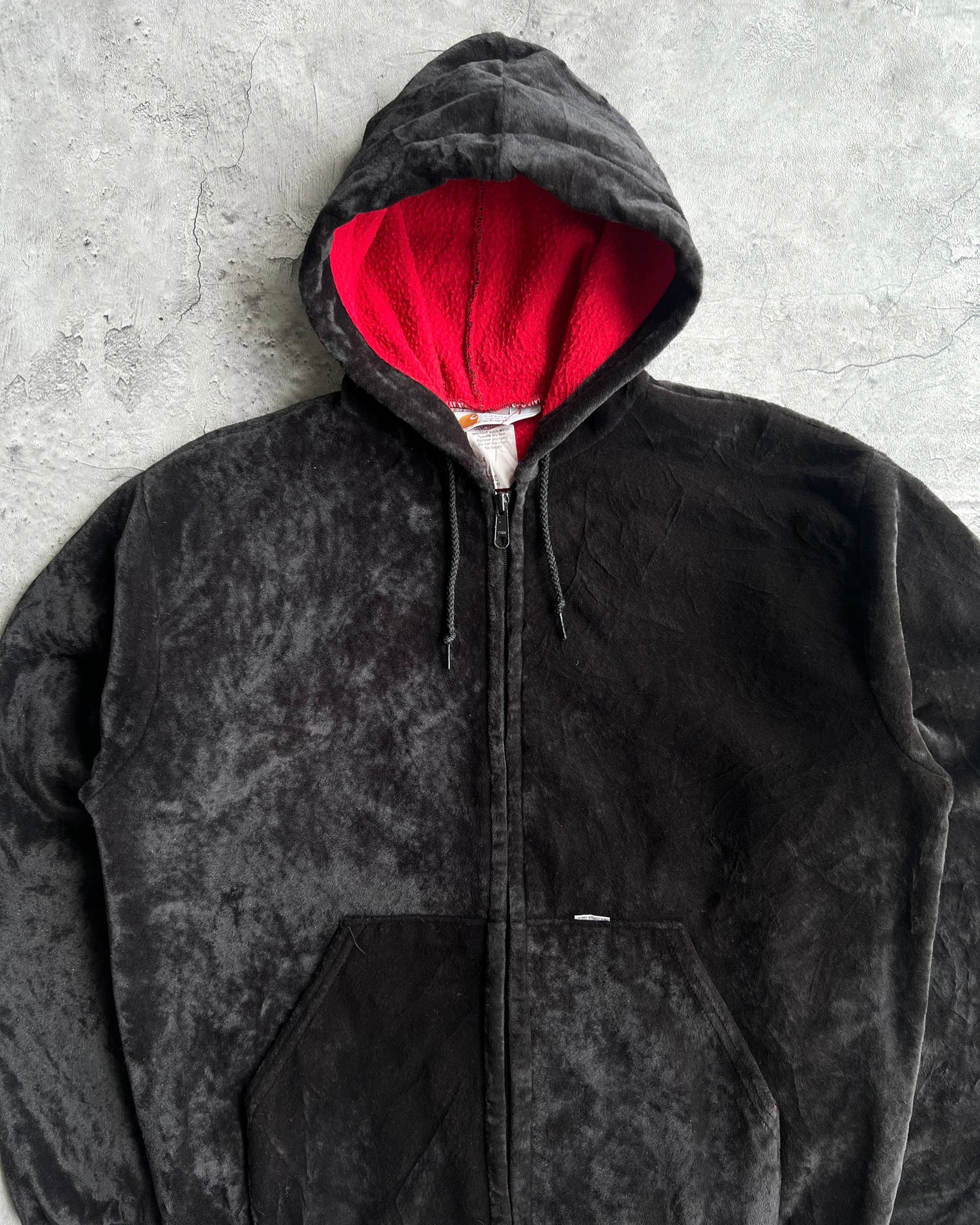 1990S BLACK CARHARTT VELOUR ZIP-UP HOODED SWEATSHIRT (L)