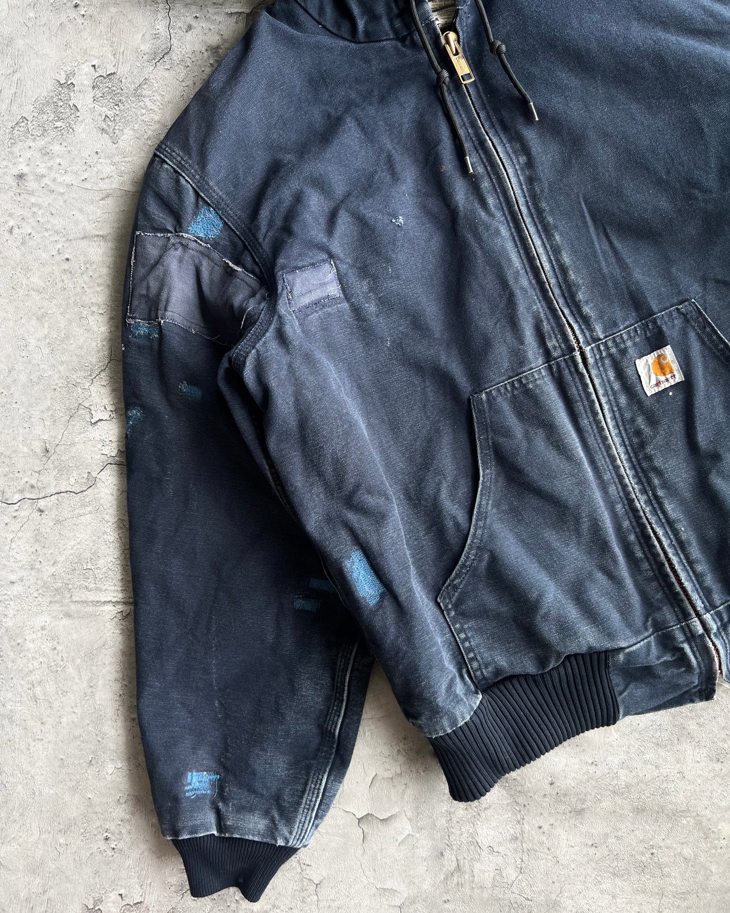 1990S BLUE REPAIRED CARHARTT HOODED WORK JACKET (M)