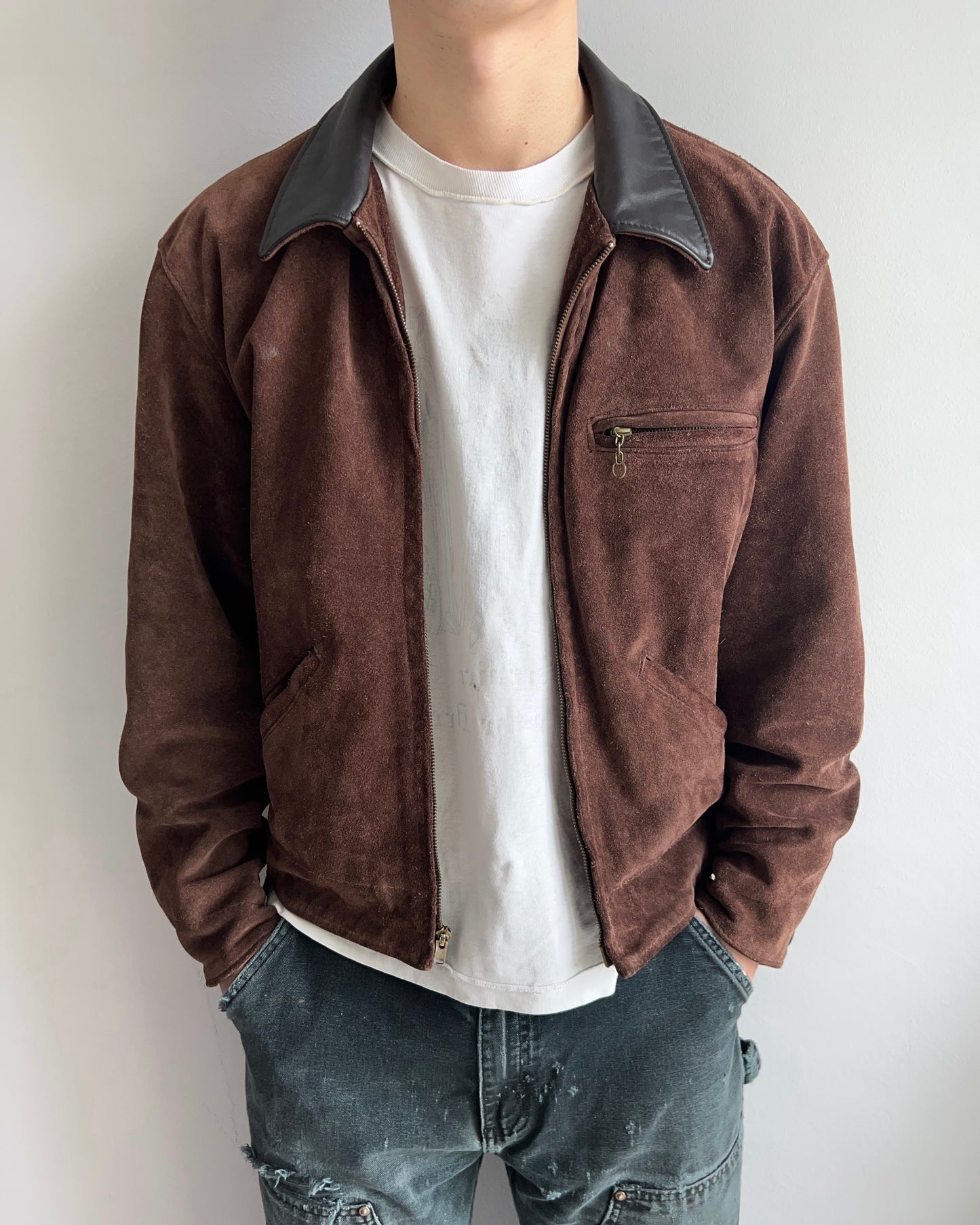1970S SCHOTT SUEDE LEATHER COLLAR ZIP-UP JACKET (M/L)