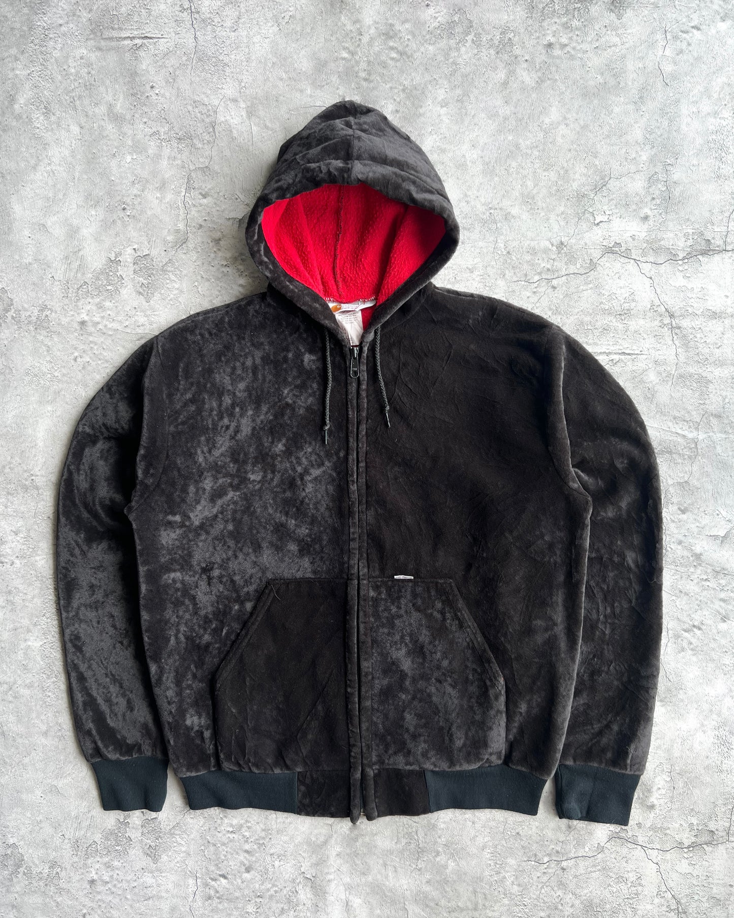 1990S BLACK CARHARTT VELOUR ZIP-UP HOODED SWEATSHIRT (L)