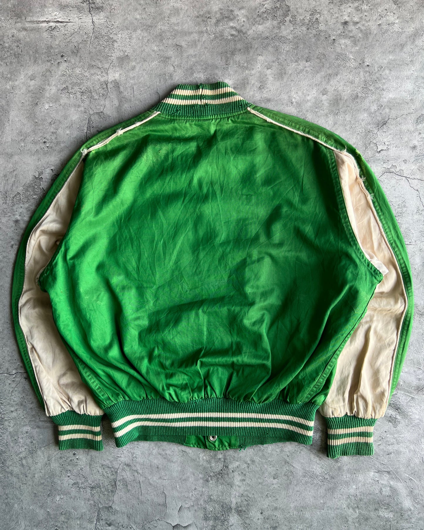1950S GREEN SATIN FOUR LEAFS VARSITY JACKET (L)