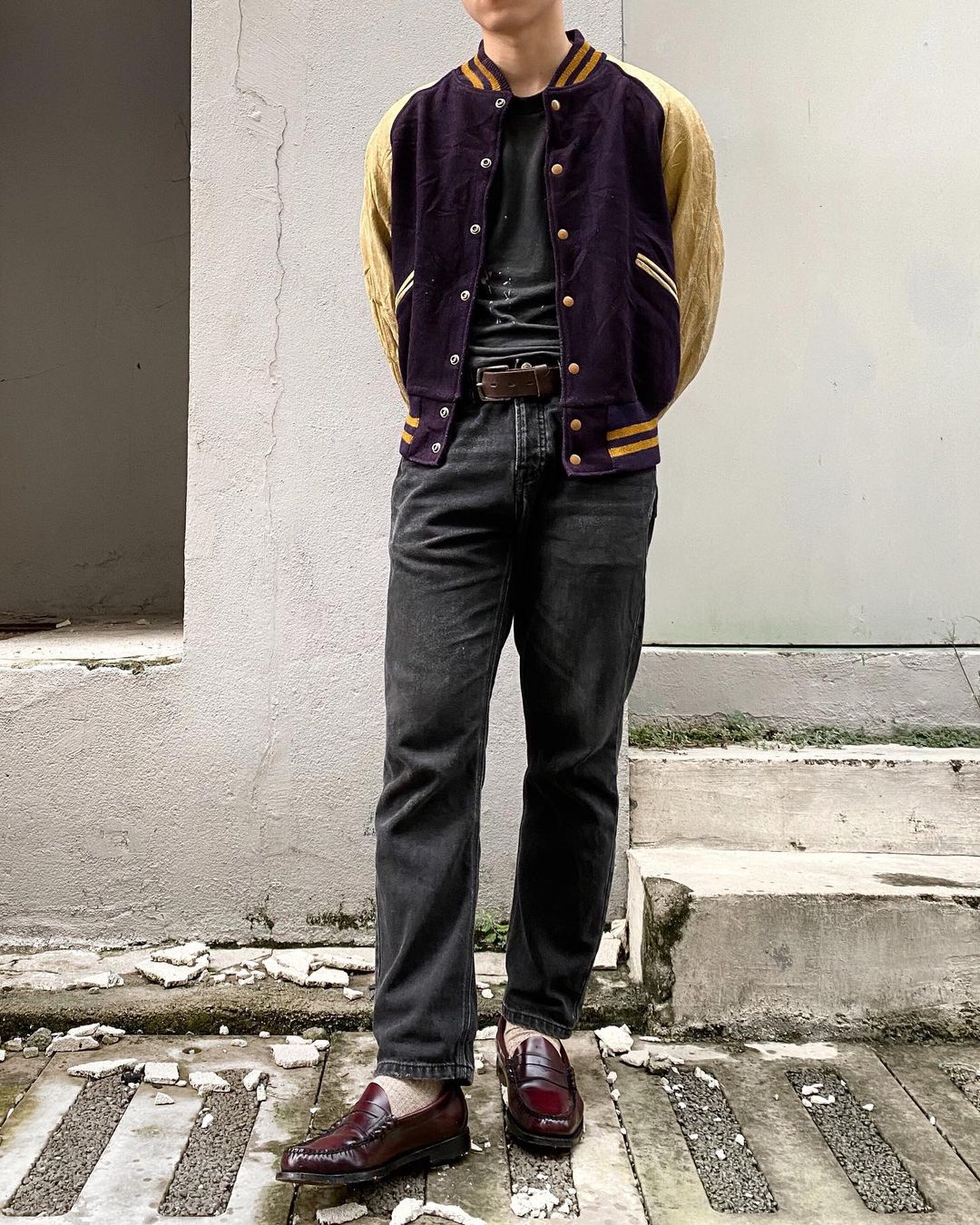 1950S RAGLAN LEATHER SLEEVES VARSITY JACKET (L)