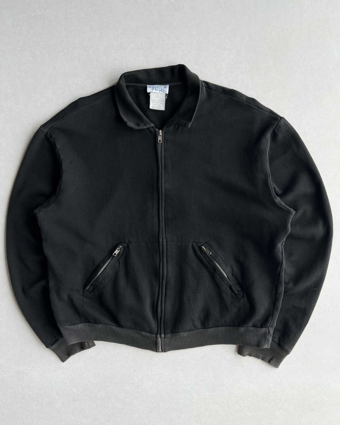 1990S FADED BLACK AGNES B. ZIP-UP SWEATS JACKET (L)