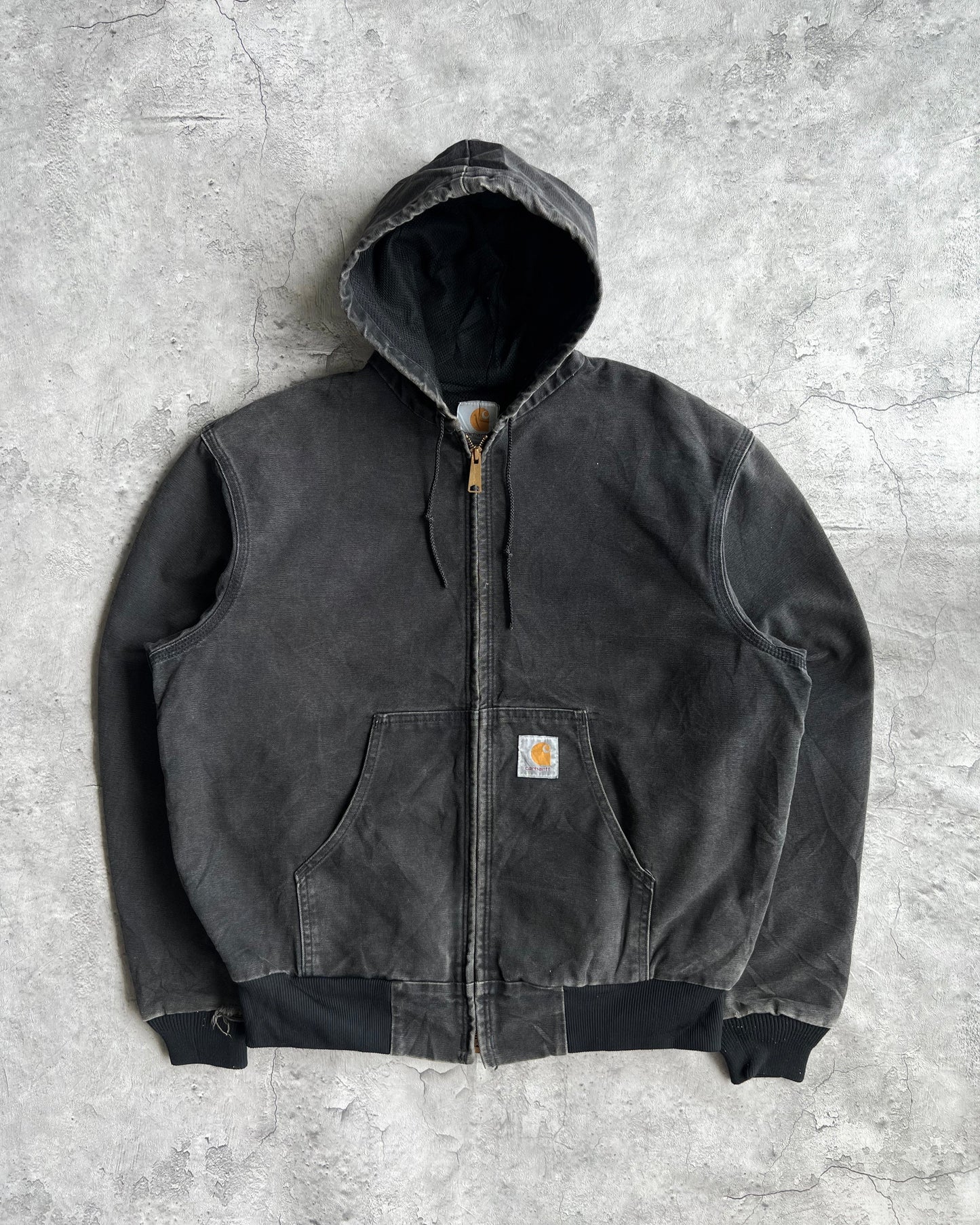 1990S FADED BLACK CARHARTT HOODED JACKET (L)