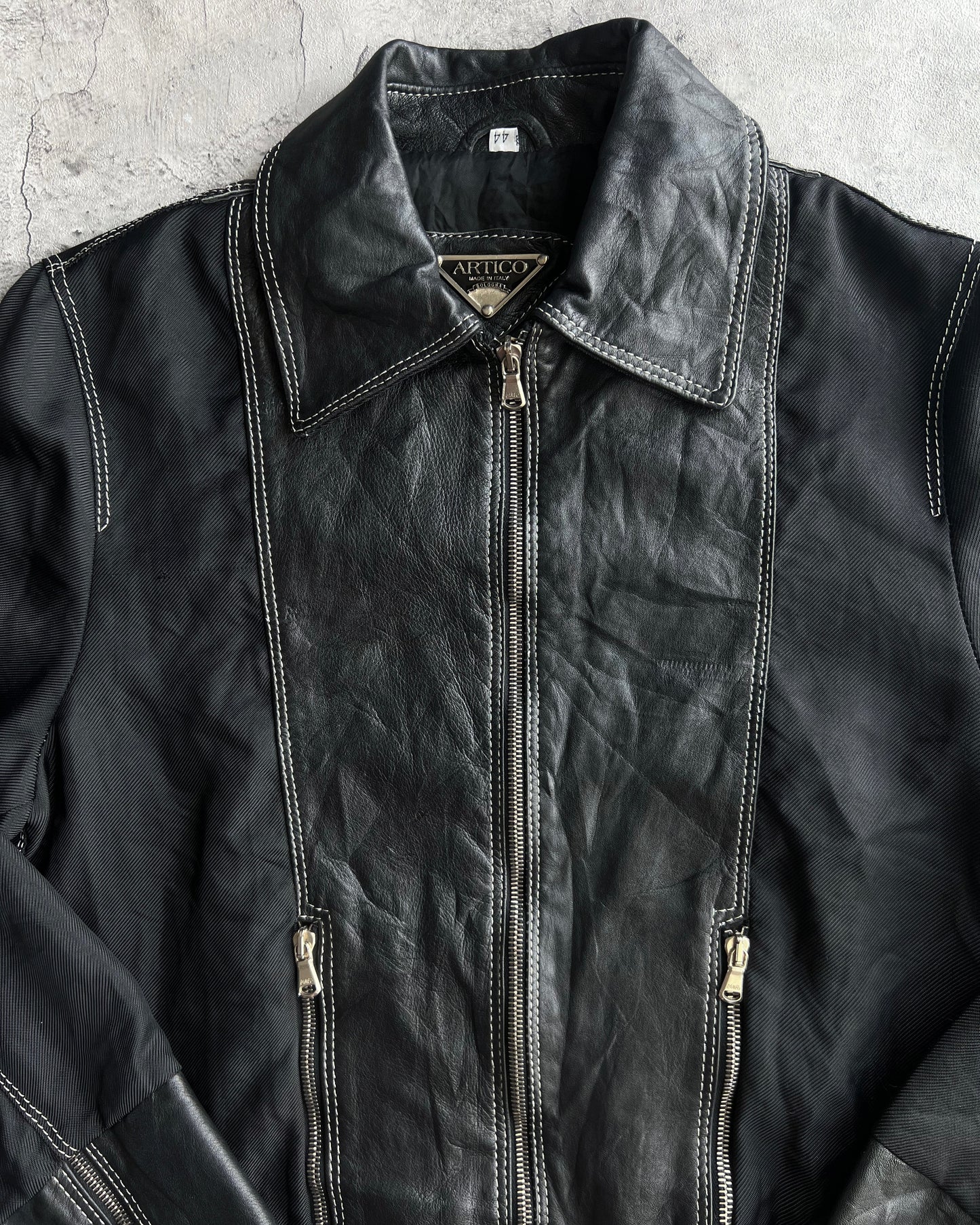 1990S ARTICO LEATHER MULTI-PANEL ZIP-UP CROPPED JACKET (M)