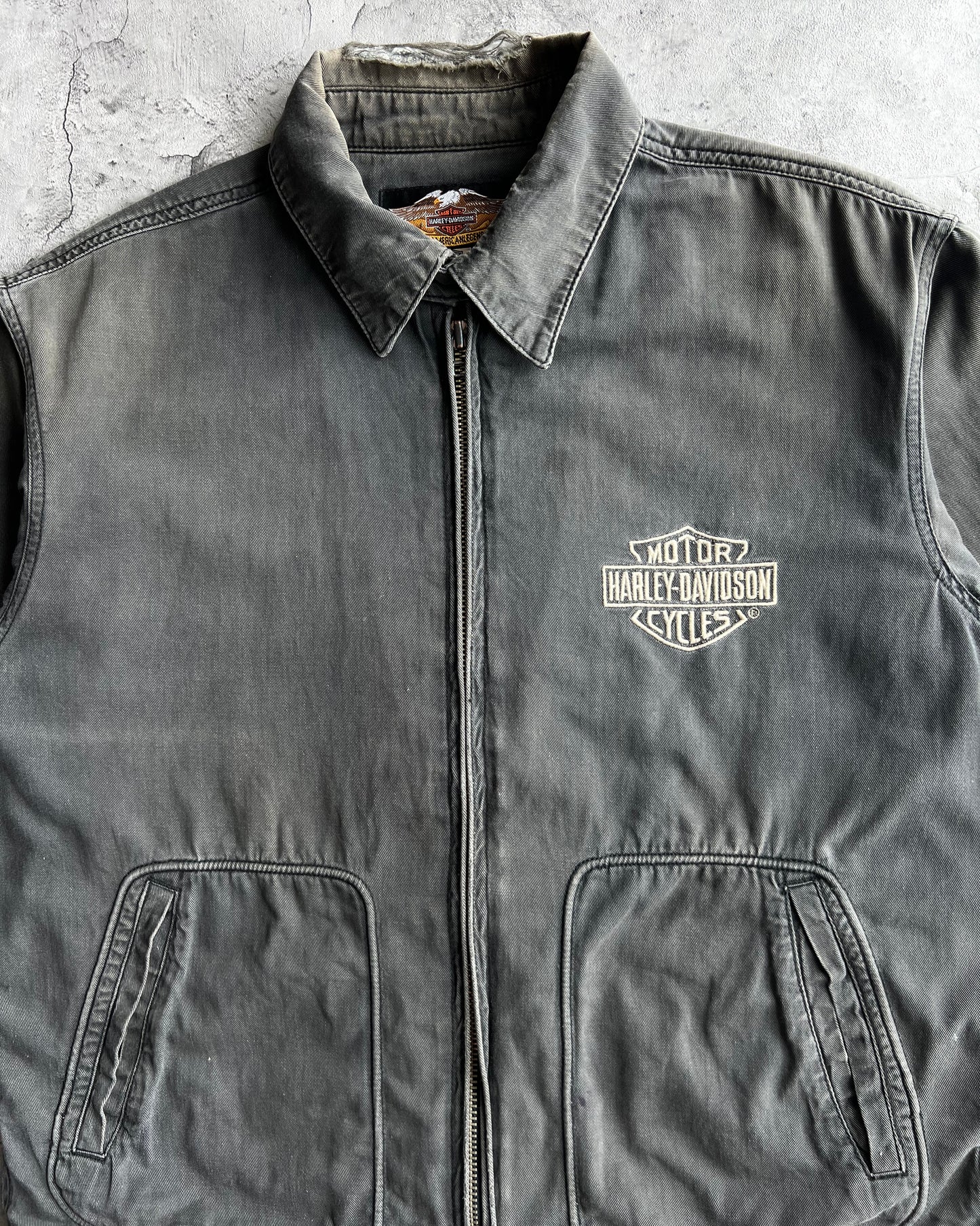 2000S FADED BLACK HARLEY DAVIDSON ZIP-UP WORK SHIRT (L)