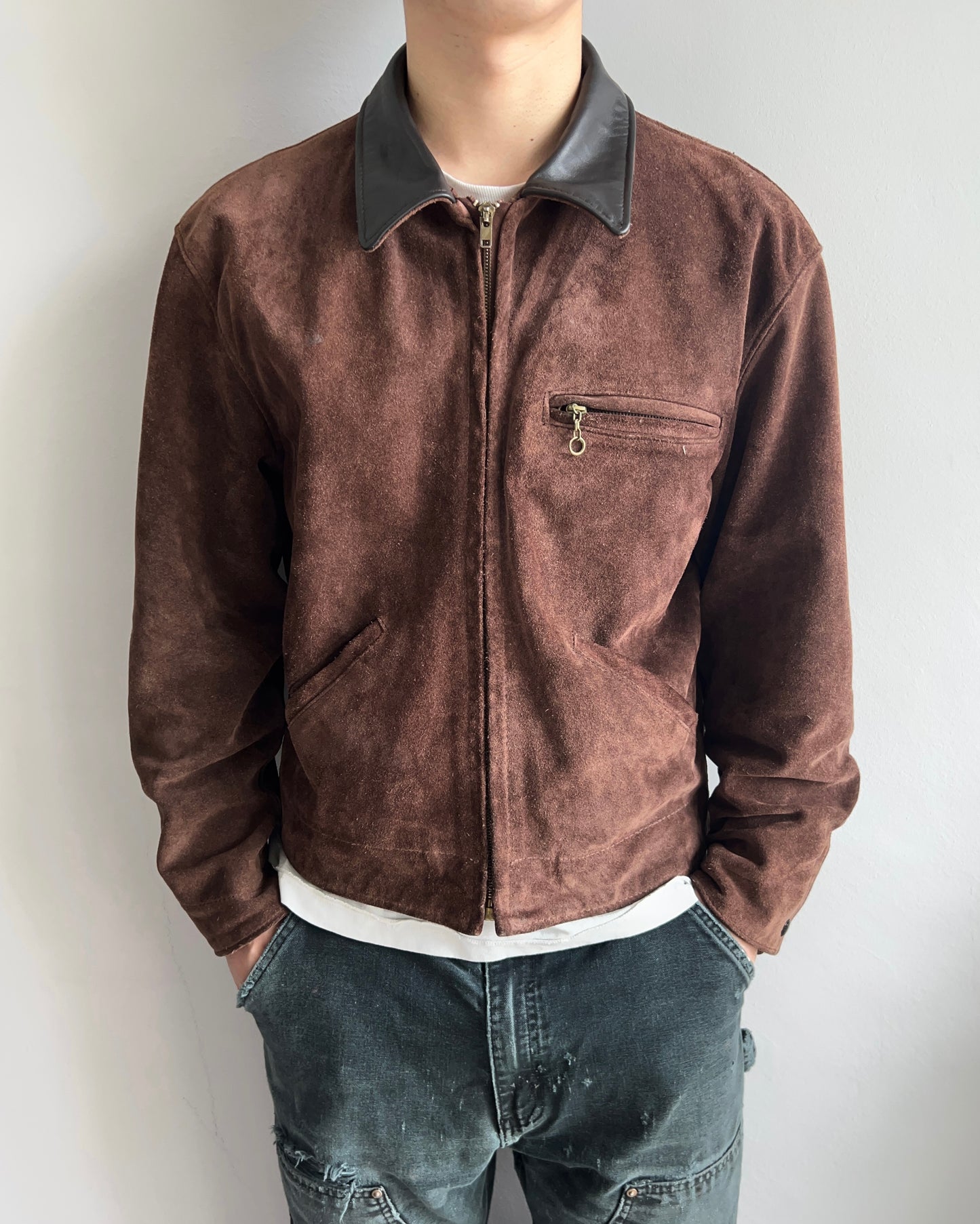 1970S SCHOTT SUEDE LEATHER COLLAR ZIP-UP JACKET (M/L)