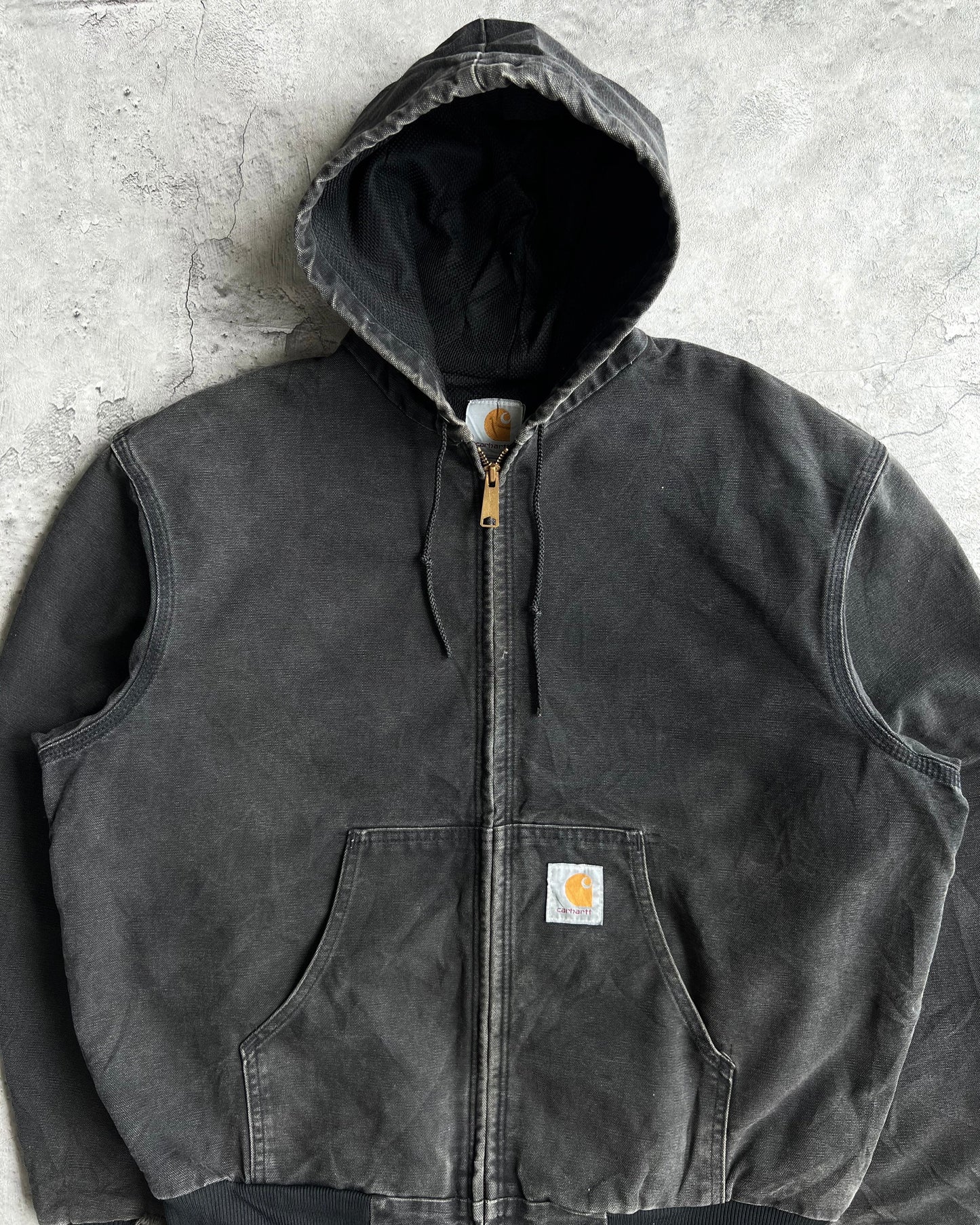 1990S FADED BLACK CARHARTT HOODED JACKET (L)