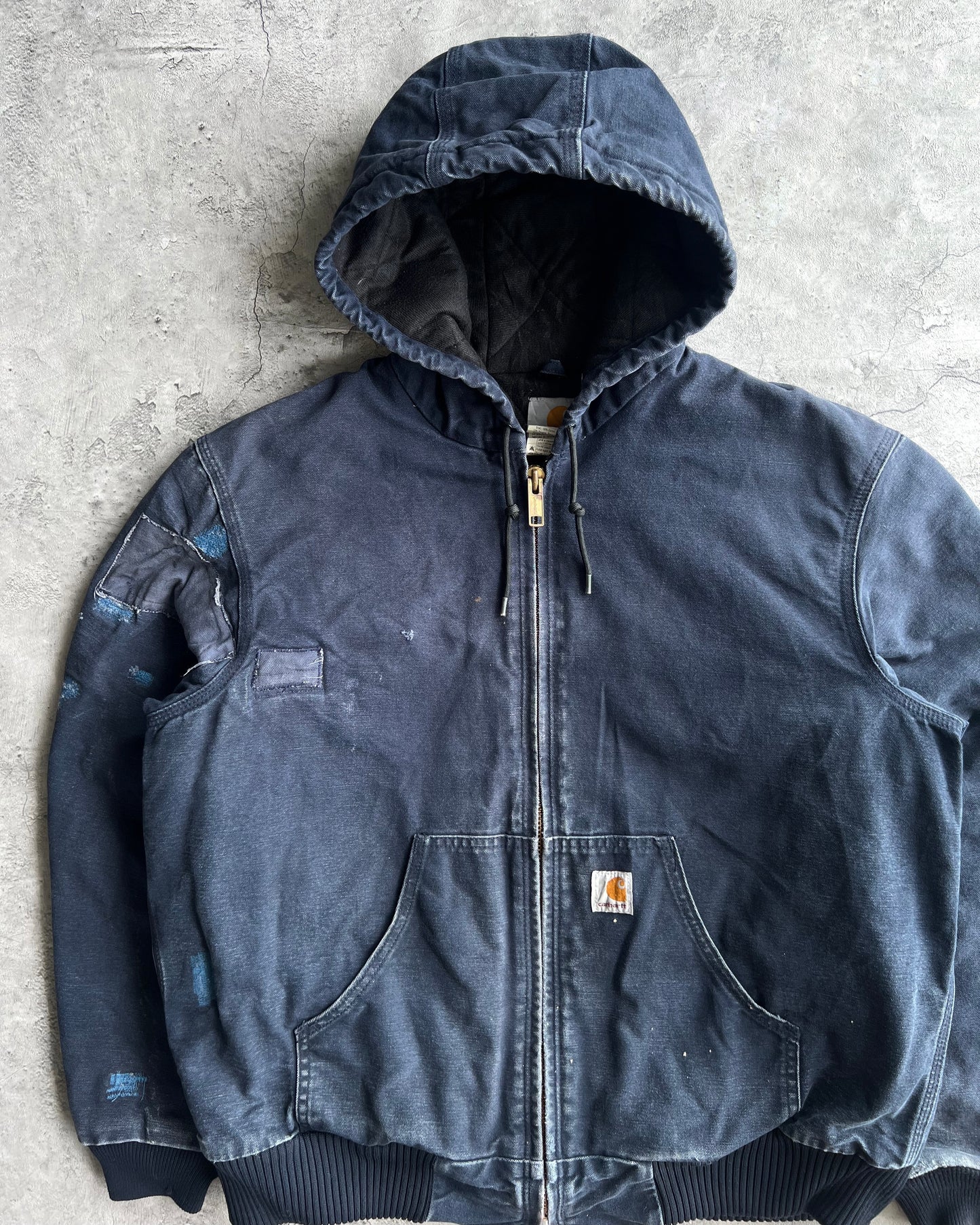 1990S BLUE REPAIRED CARHARTT HOODED WORK JACKET (M)