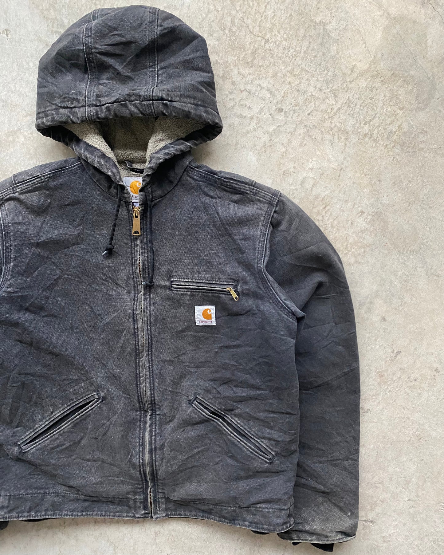 1990S FADED BLACK CARHARTT HOODED DETROIT JACKET (S/M)