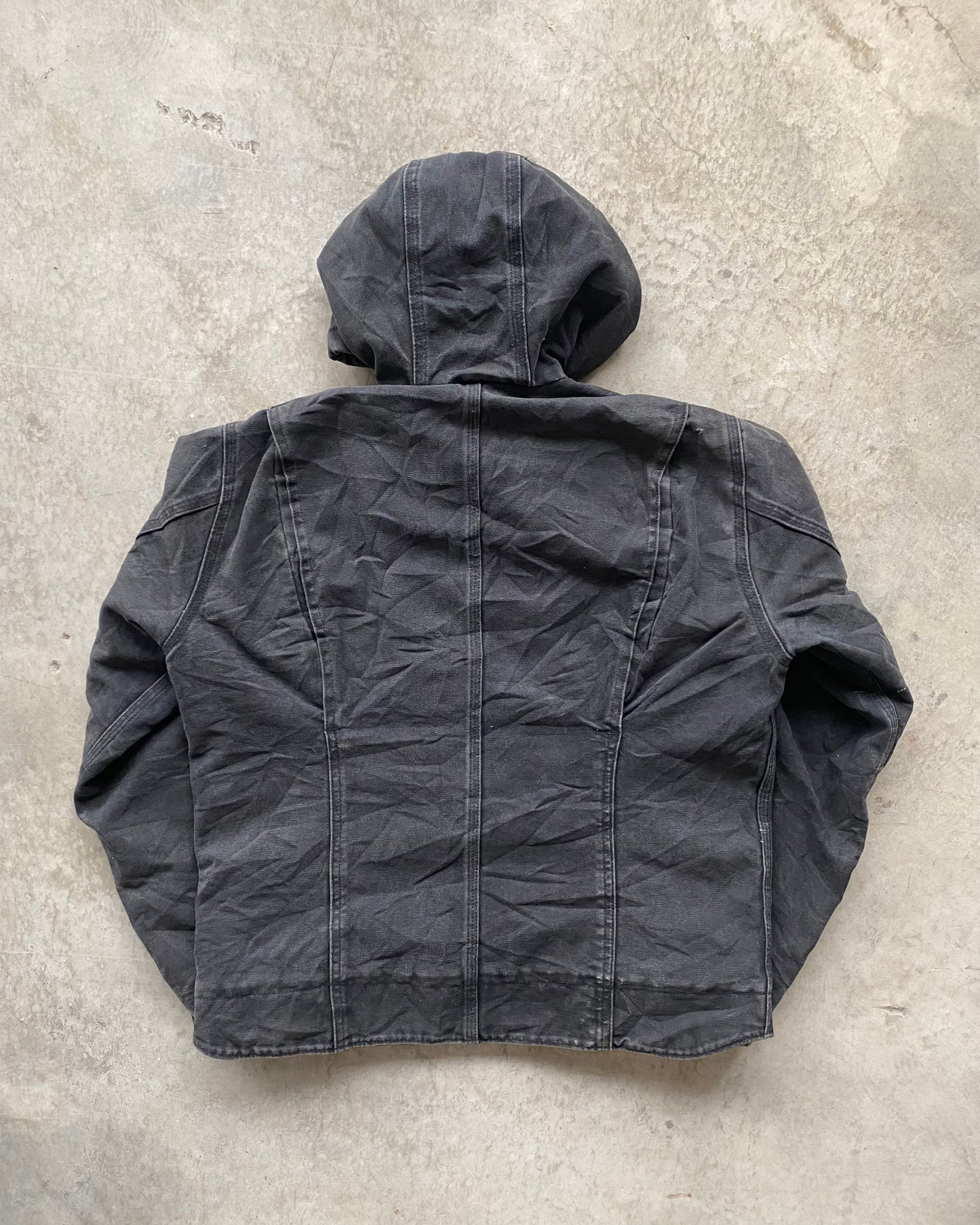 1990S FADED BLACK CARHARTT HOODED DETROIT JACKET (S/M)