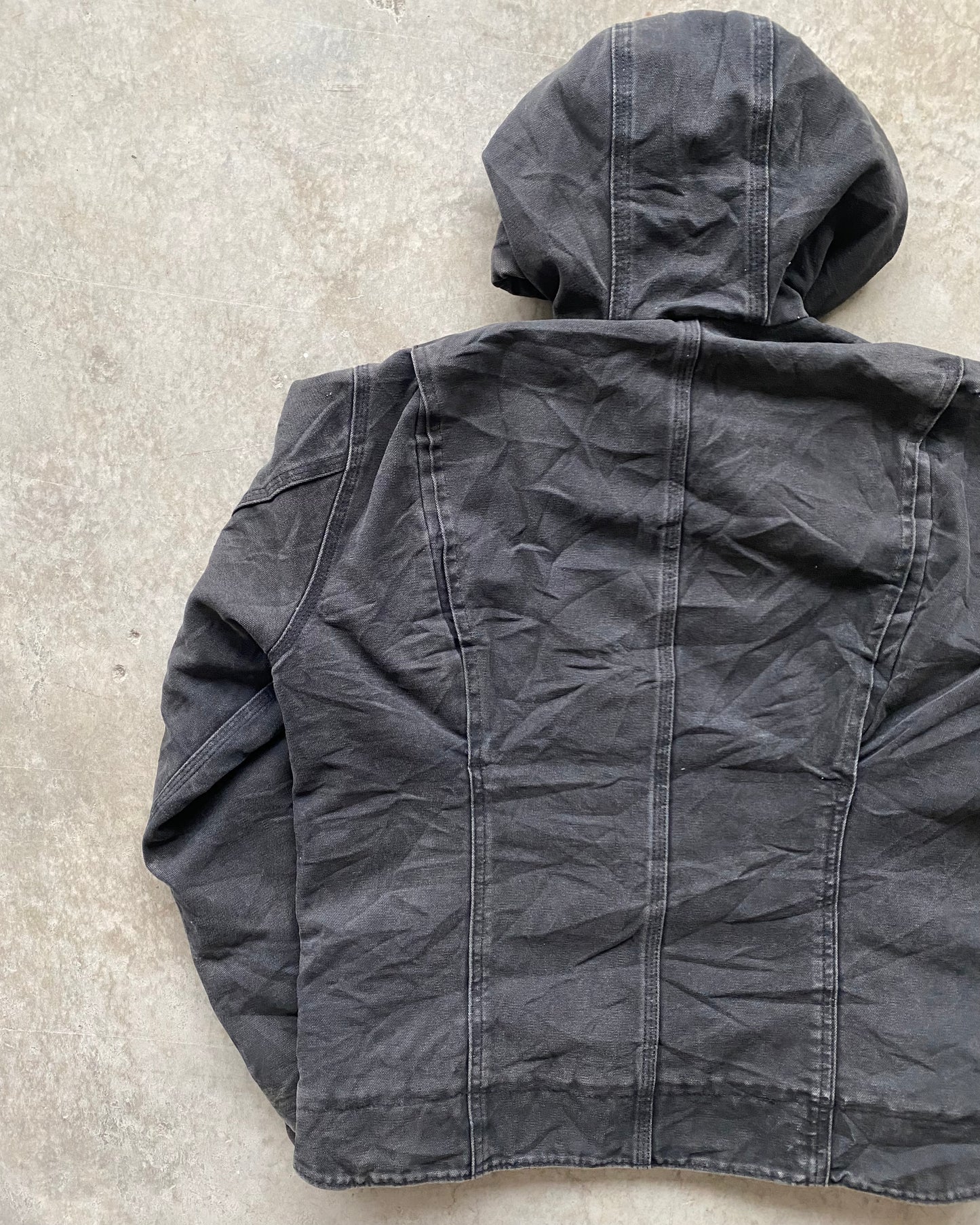 1990S FADED BLACK CARHARTT HOODED DETROIT JACKET (S/M)