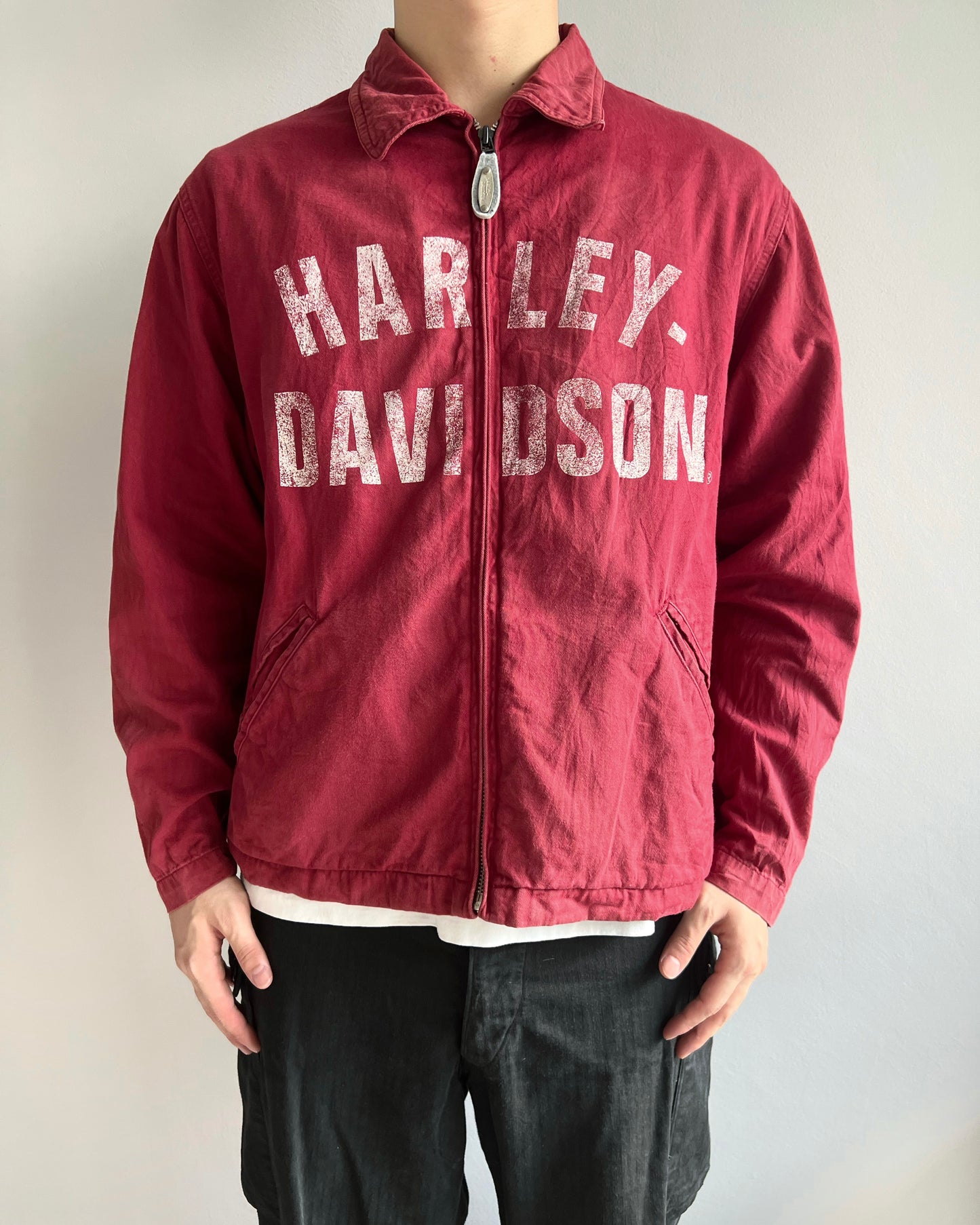 2000S MAROON HARLEY DAVIDSON ZIP-UP WORK JACKET (L)