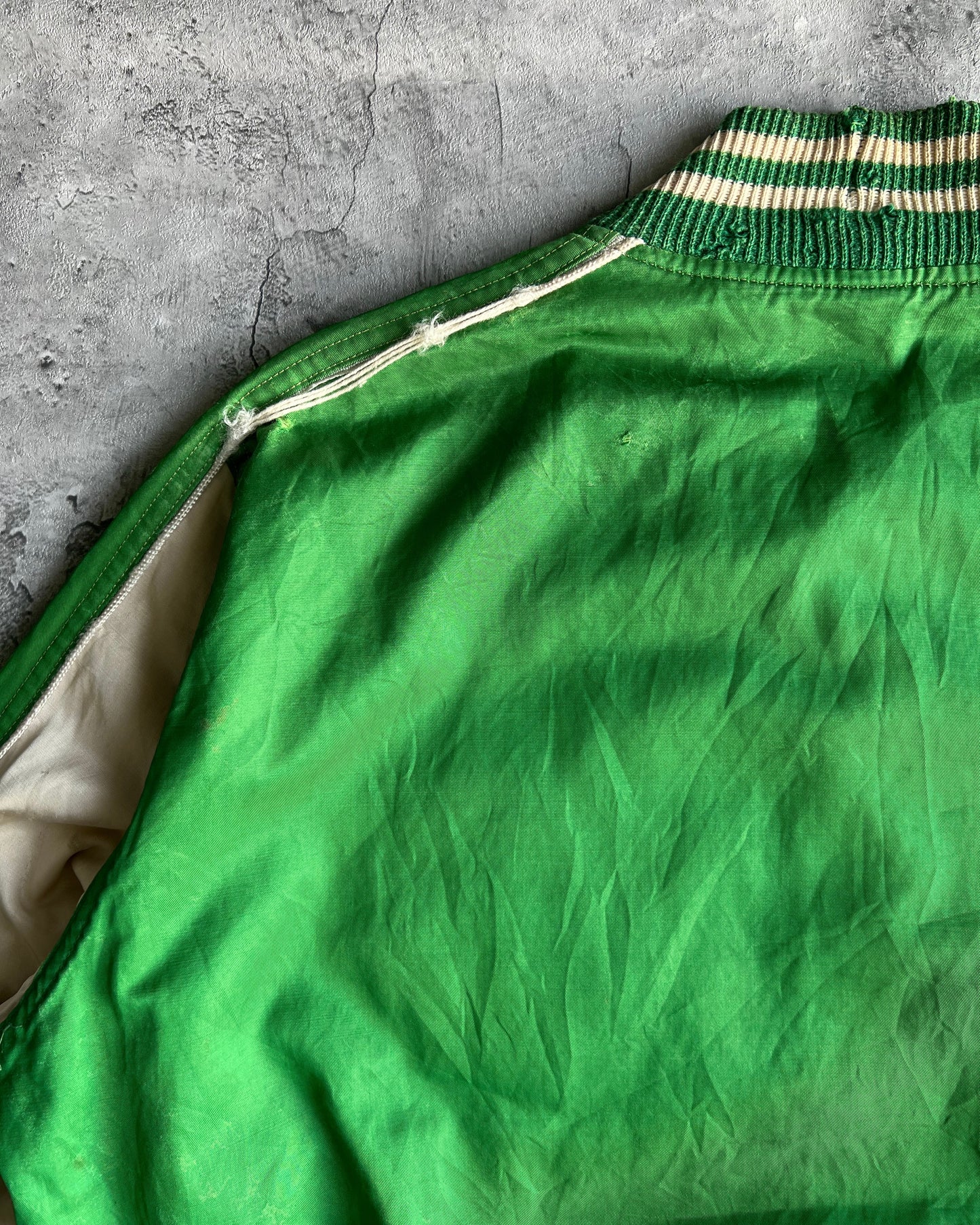 1950S GREEN SATIN FOUR LEAFS VARSITY JACKET (L)