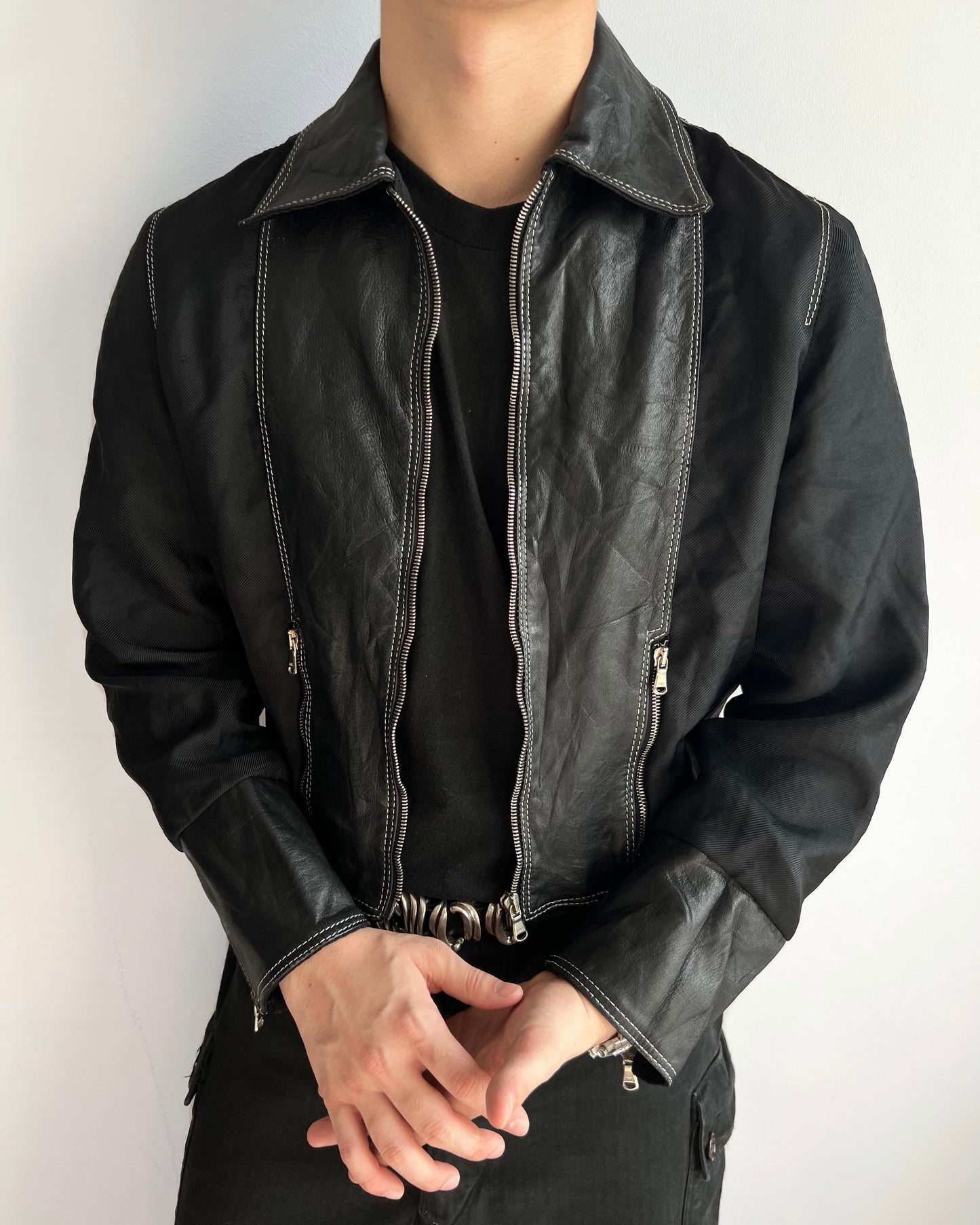 1990S ARTICO LEATHER MULTI-PANEL ZIP-UP CROPPED JACKET (M)