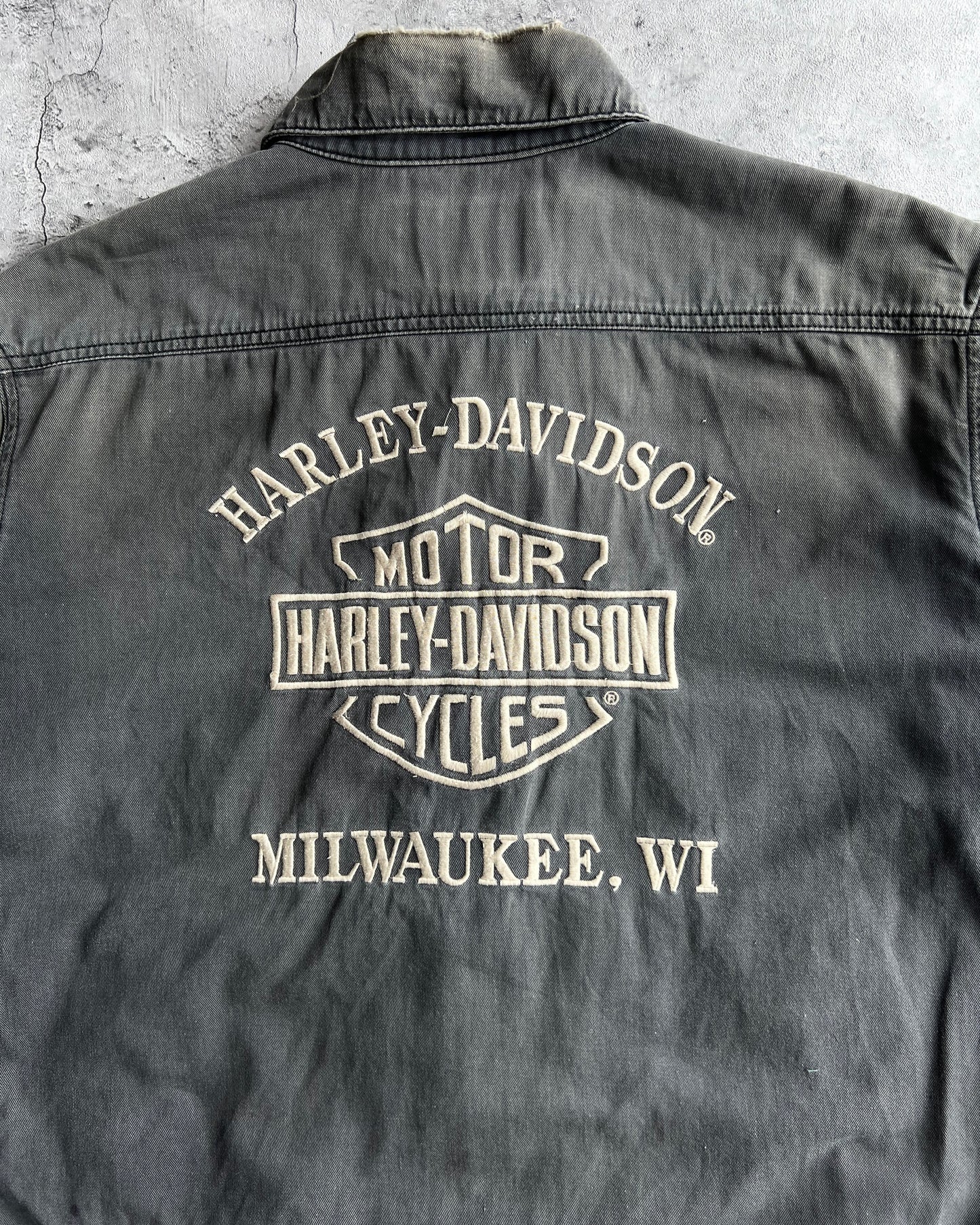 2000S FADED BLACK HARLEY DAVIDSON ZIP-UP WORK SHIRT (L)