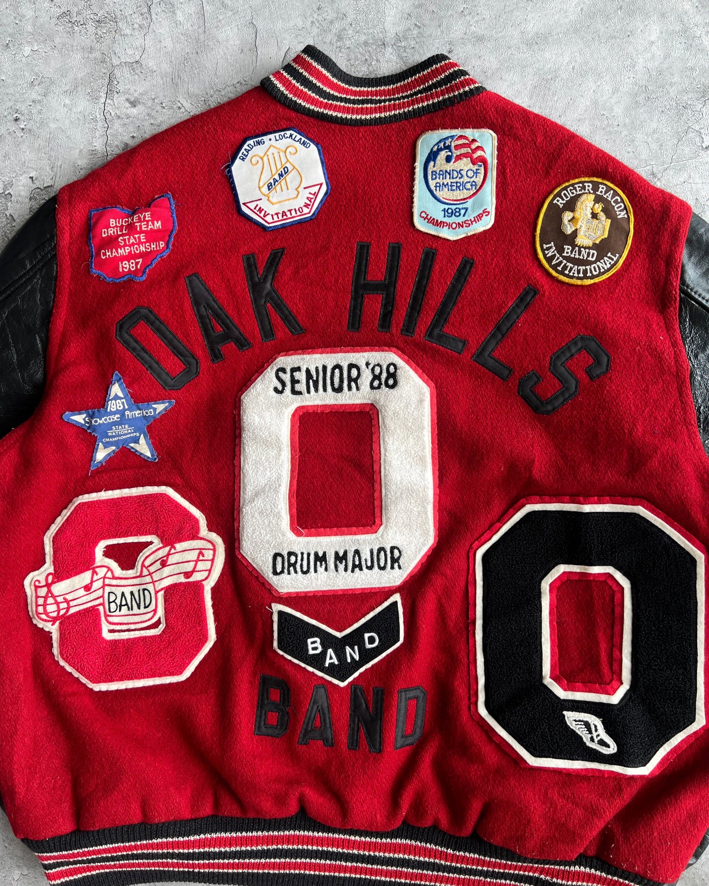 1980S 'OAK HILLS BAND' LEATHER SLEEVES VARSITY JACKETS (XL)