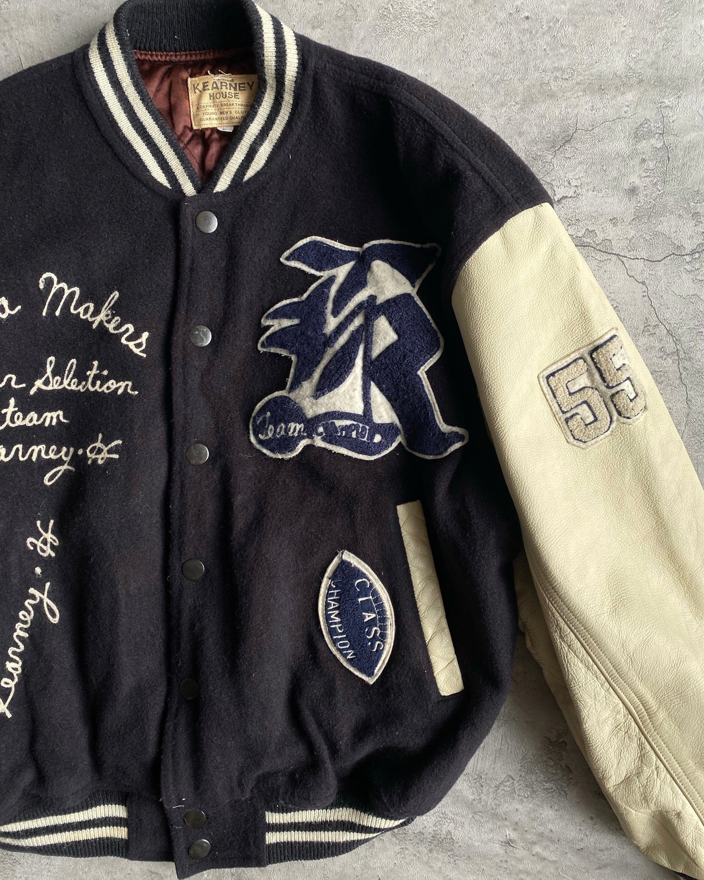 1980S 'EXTRA MAKERS' LEATHER SLEEVES VARSITY JACKET (L)