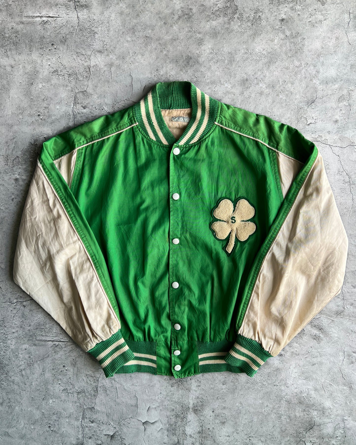 1950S GREEN SATIN FOUR LEAFS VARSITY JACKET (L)
