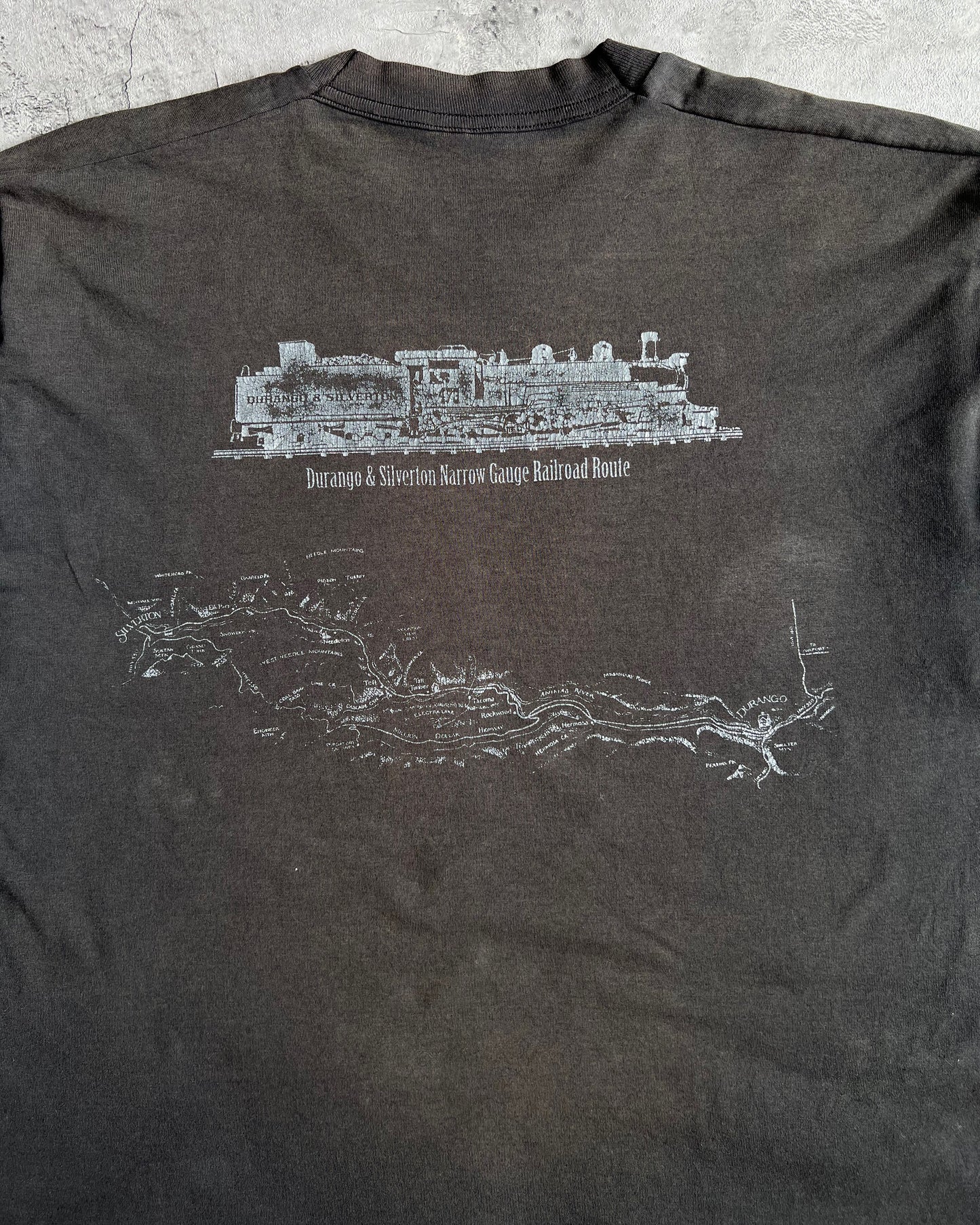 1990S FADED BLACK 'RAILROAD ROUTE' SINGLE STITCH TEE (XL)
