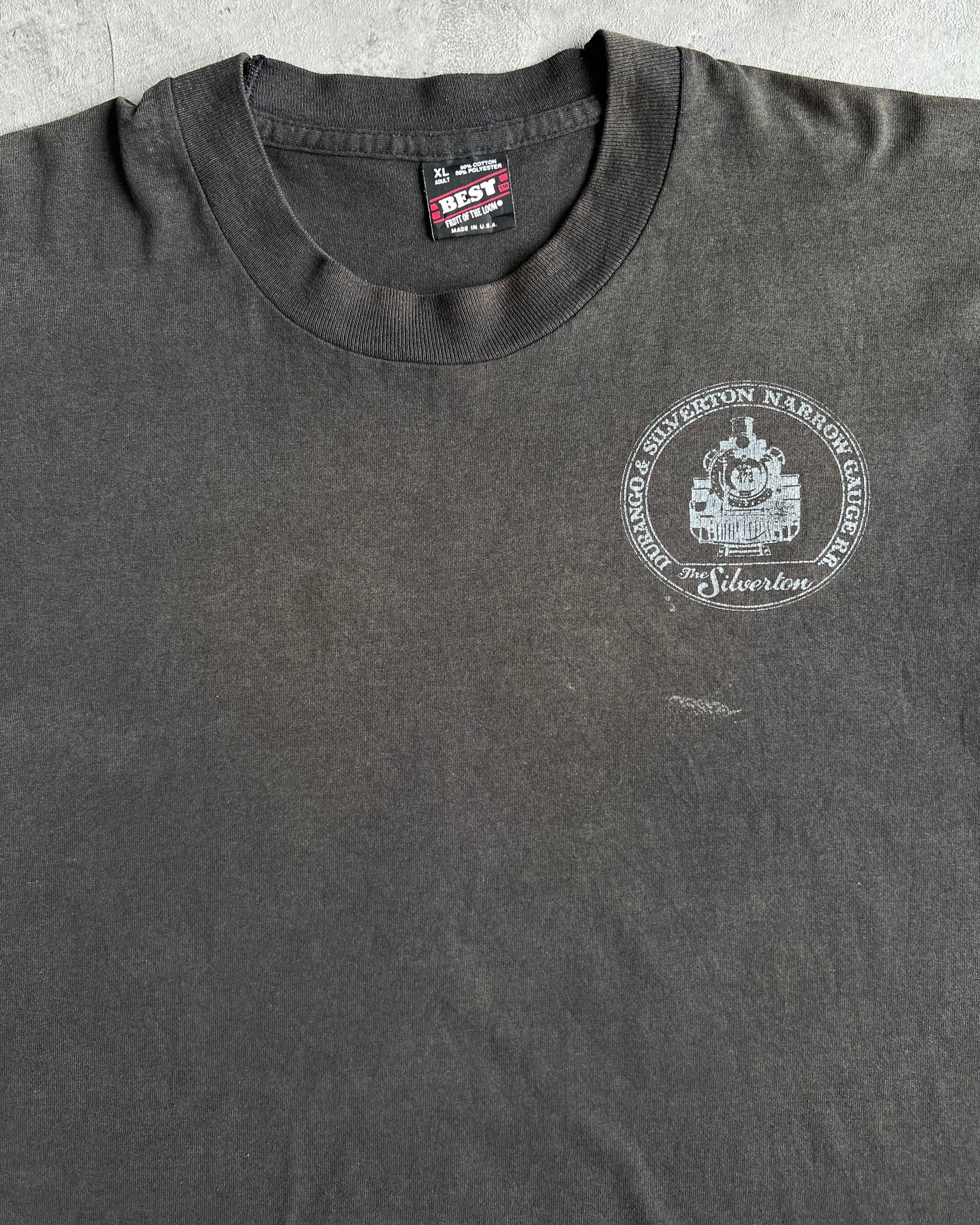 1990S FADED BLACK 'RAILROAD ROUTE' SINGLE STITCH TEE (XL)