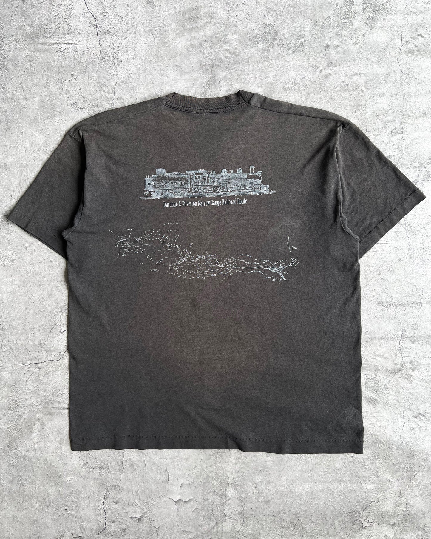1990S FADED BLACK 'RAILROAD ROUTE' SINGLE STITCH TEE (XL)