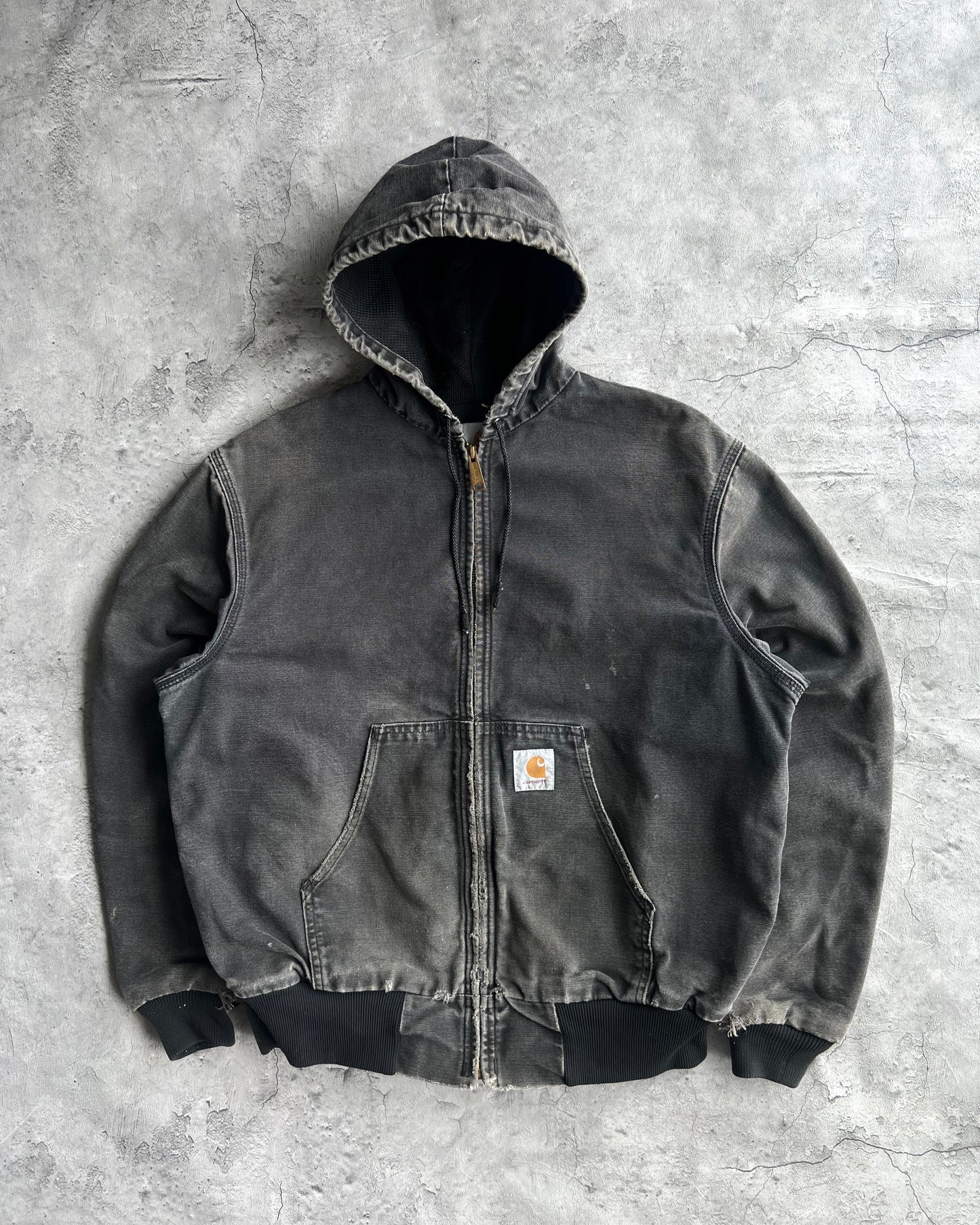 1990S FADED BLACK CARHARTT HOODED WORK JACKET (L)