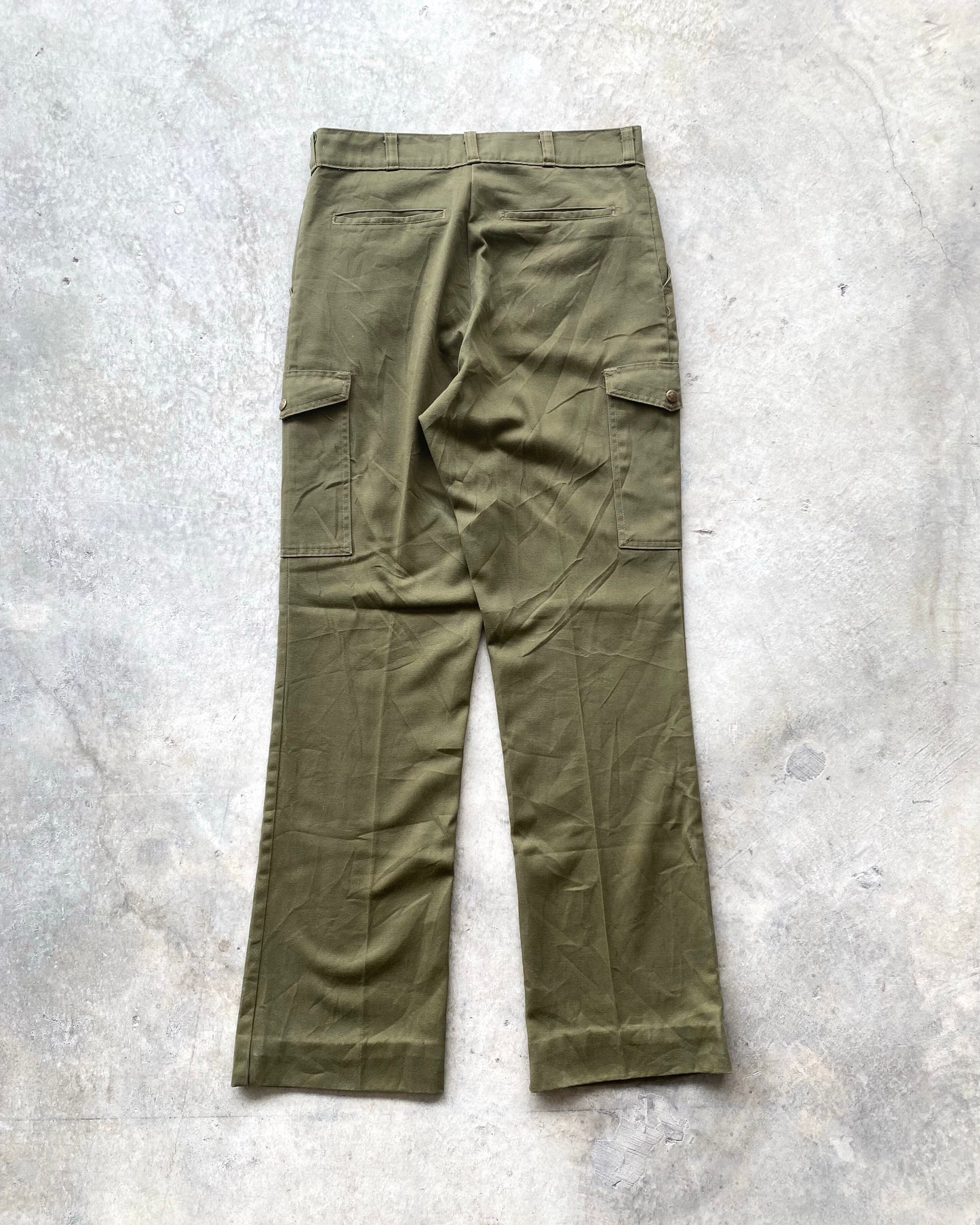 1970S BSA OLIVE FLARED CARGO TROUSERS (32-34)