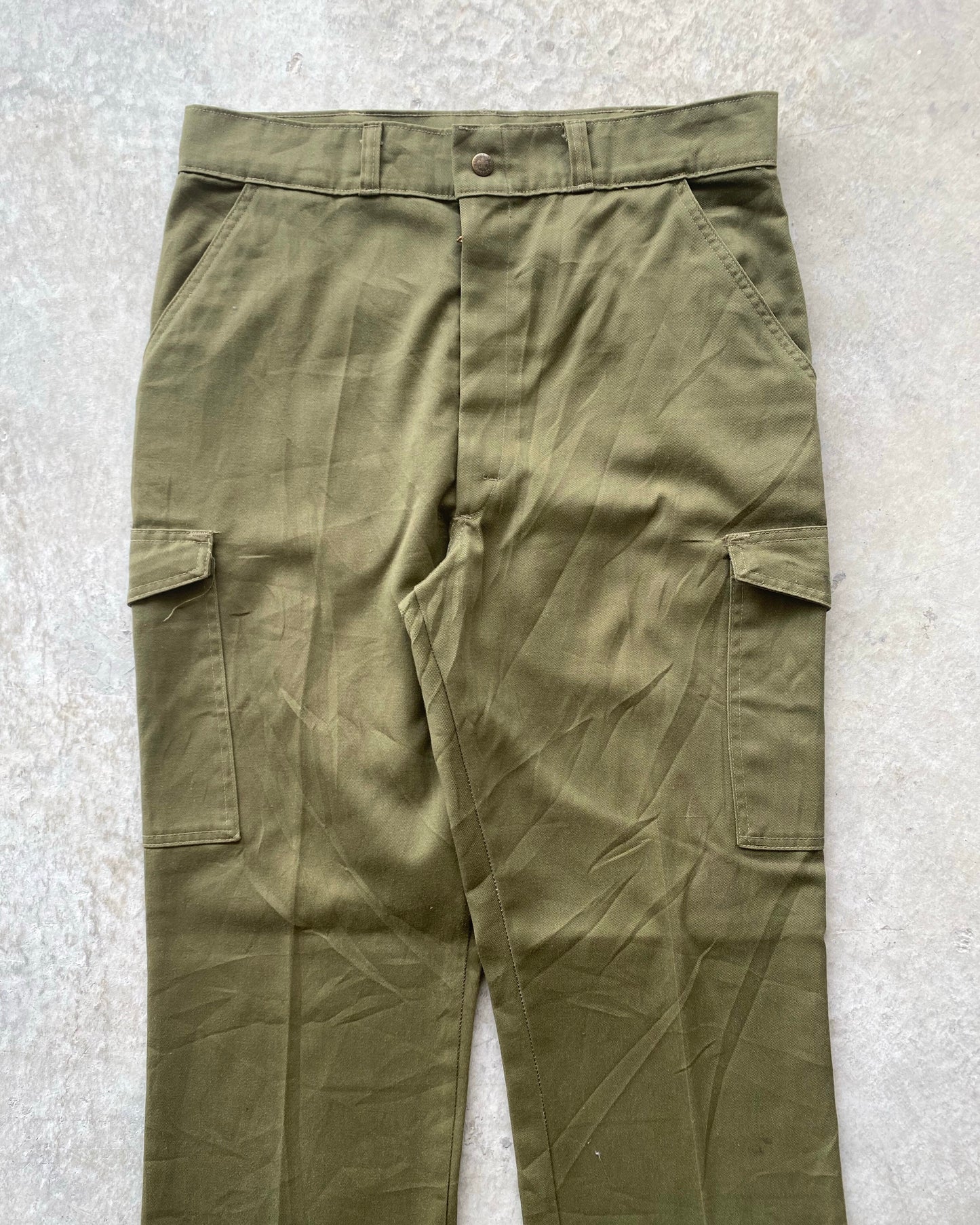 1970S BSA OLIVE FLARED CARGO TROUSERS (32-34)
