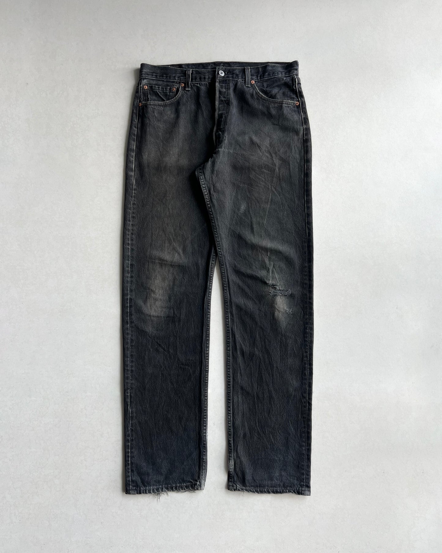 1990S FADED BLACK LEVI'S 501 DISTRESSED JEANS (36X36)