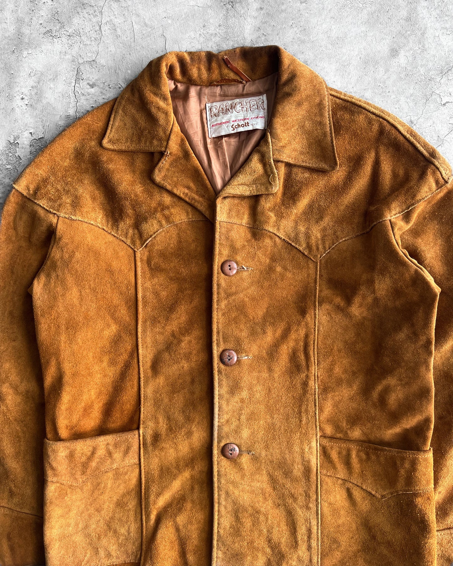 1960S RANCHER BY SCHOTT OPEN COLLAR SUEDE JACKET (L)