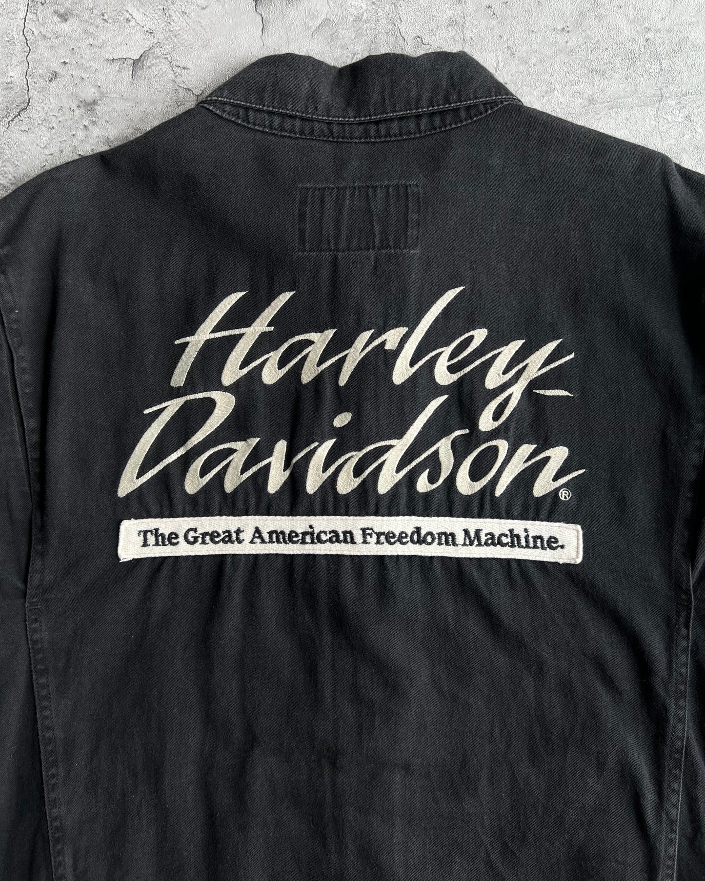 2000S FADED BLACK HARLEY DAVIDSON ZIP-UP WORK SHIRT (L)