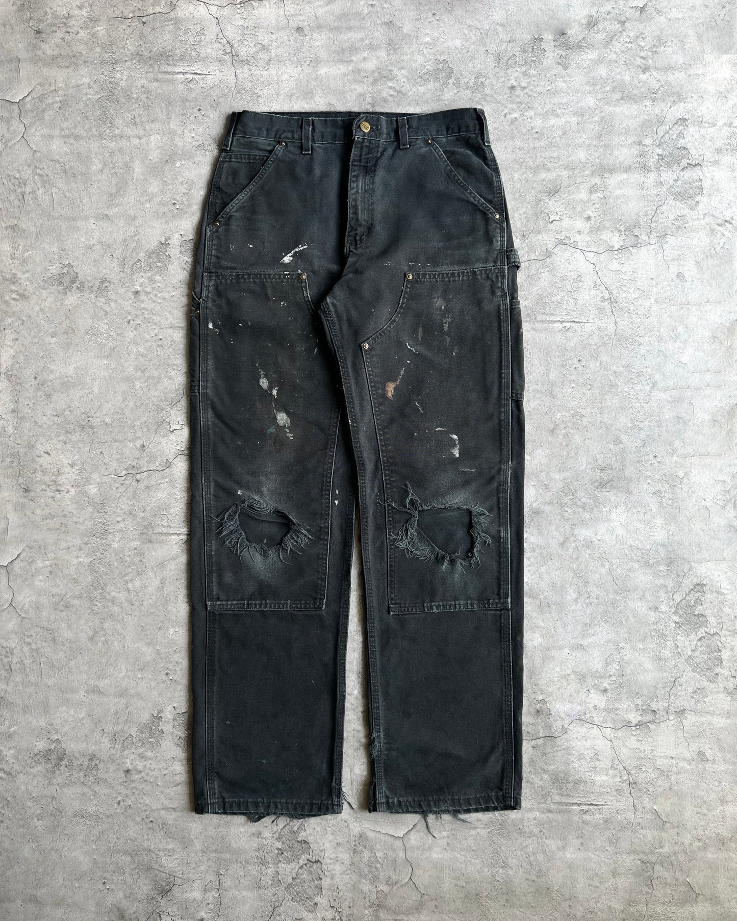 1990S FADED BLACK DISTRESSED CARHARTT DOUBLE KNEE PANTS (31X34)