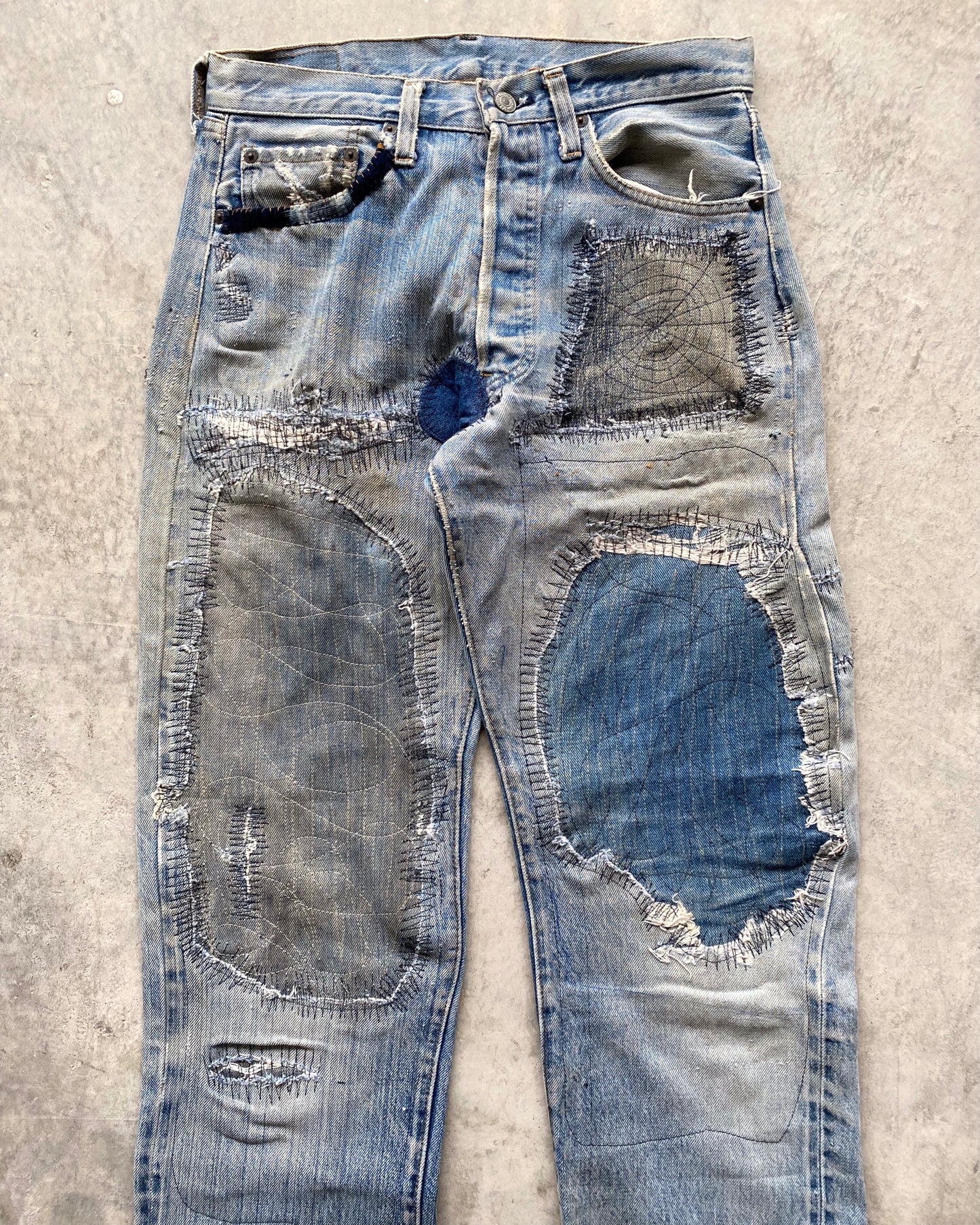 1980S MAJOR REPAIRED LEVI'S 501 REDLINE SELVEDGE JEANS (31X38)