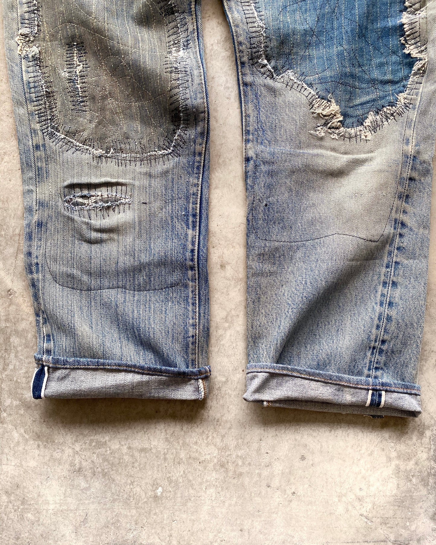 1980S MAJOR REPAIRED LEVI'S 501 REDLINE SELVEDGE JEANS (31X38)