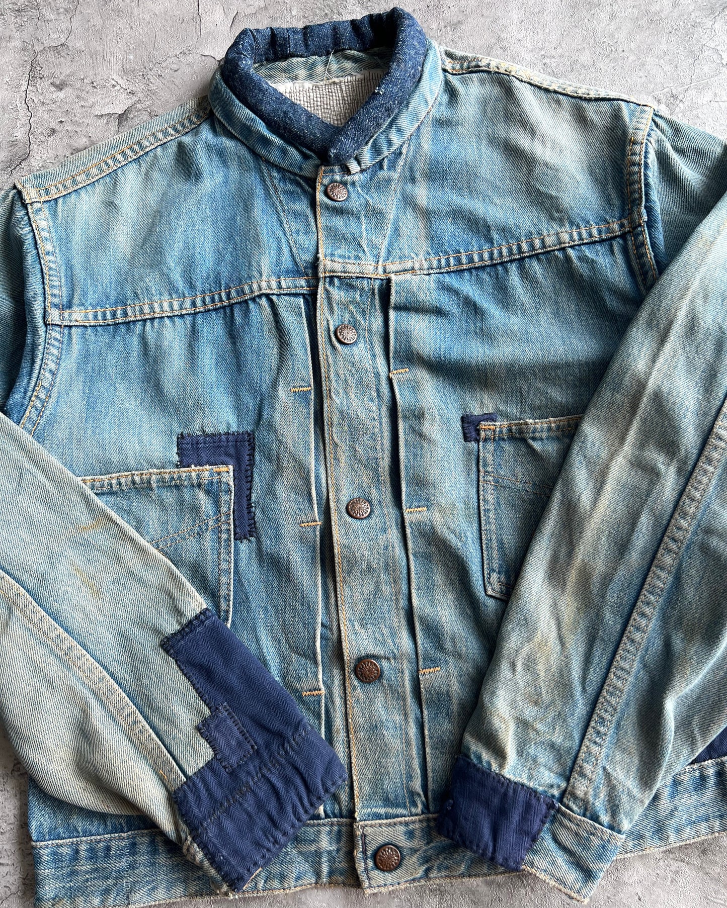 1960S FADED PATCHED TYPE II SELVEDGE DENIM JACKET (M)