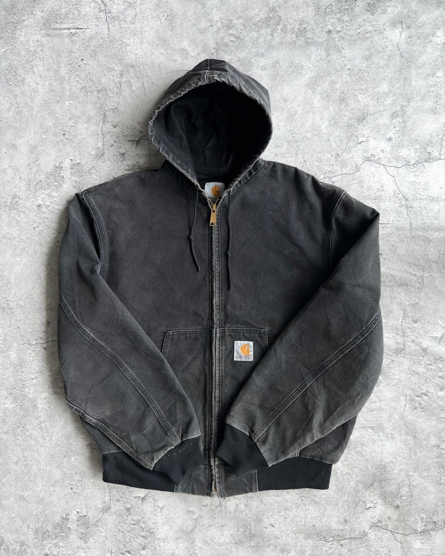 1990S FADED BLACK CARHARTT HOODED JACKET (L)