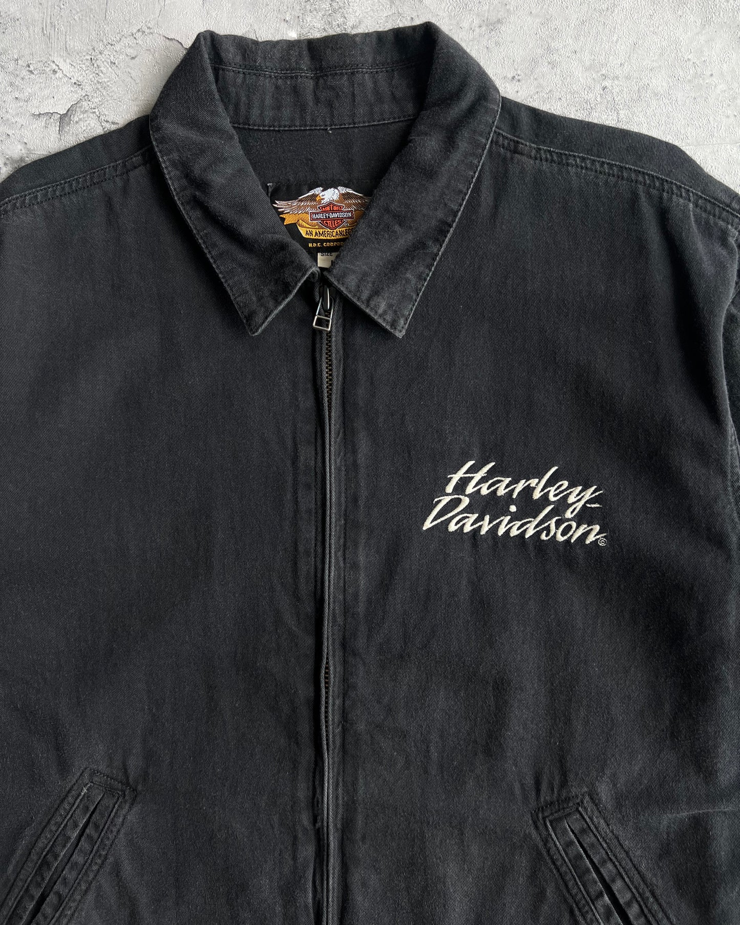 2000S FADED BLACK HARLEY DAVIDSON ZIP-UP WORK SHIRT (L)
