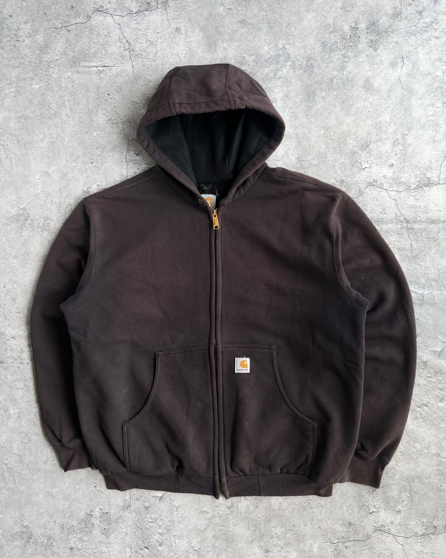 1990S SUN FADED BLACK HEAVYWEIGHT CARHARTT LOGO ZIP-UP HOODIE (L)